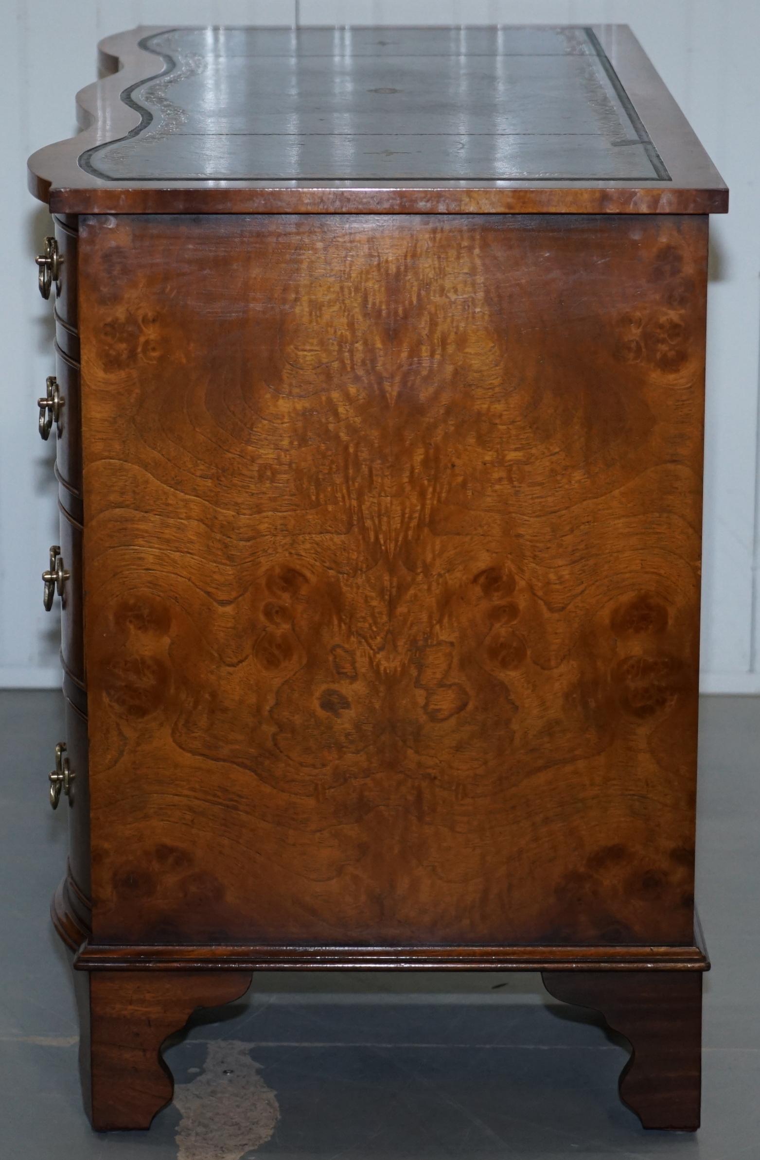 Serpentine Fronted Burr Burl Walnut Partner Knee Hole Desk Green Leather Top 9