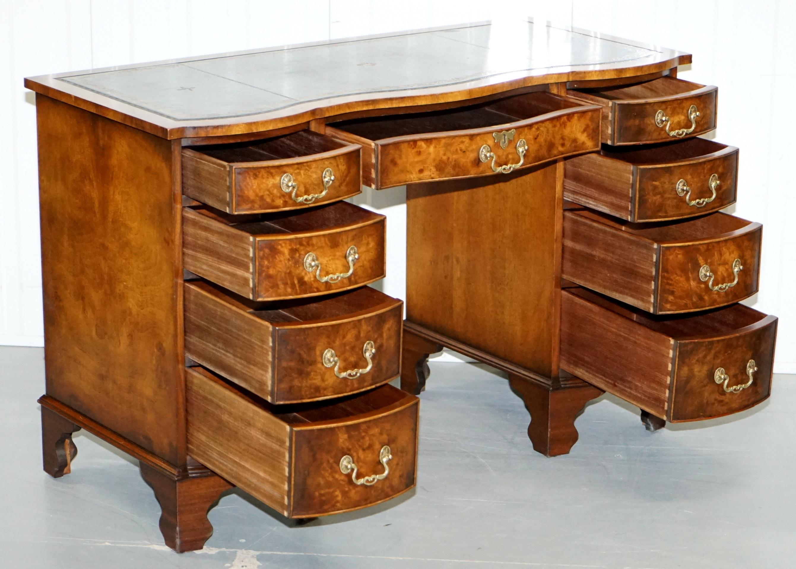 Serpentine Fronted Burr Burl Walnut Partner Knee Hole Desk Green Leather Top 10