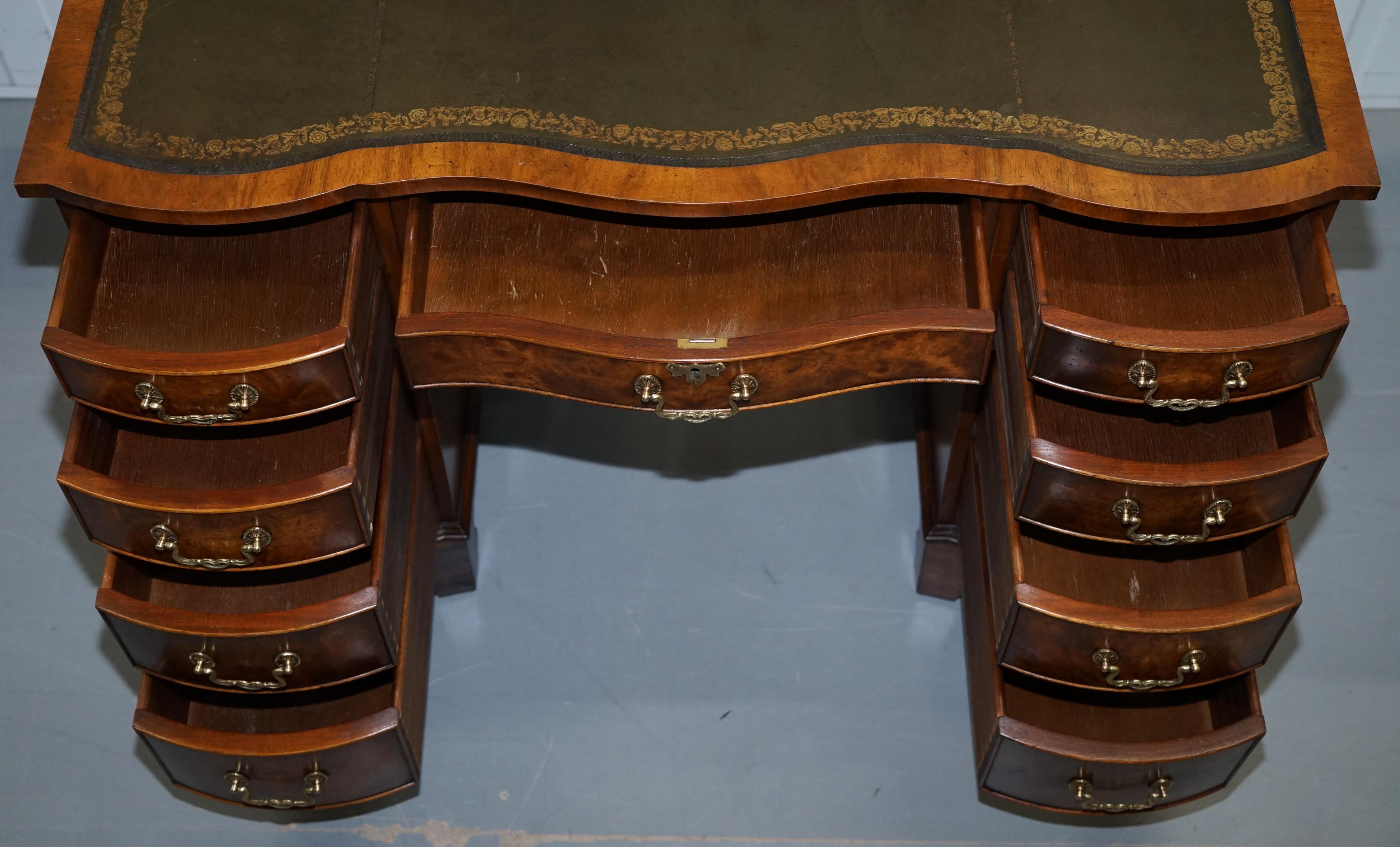 Serpentine Fronted Burr Burl Walnut Partner Knee Hole Desk Green Leather Top 11