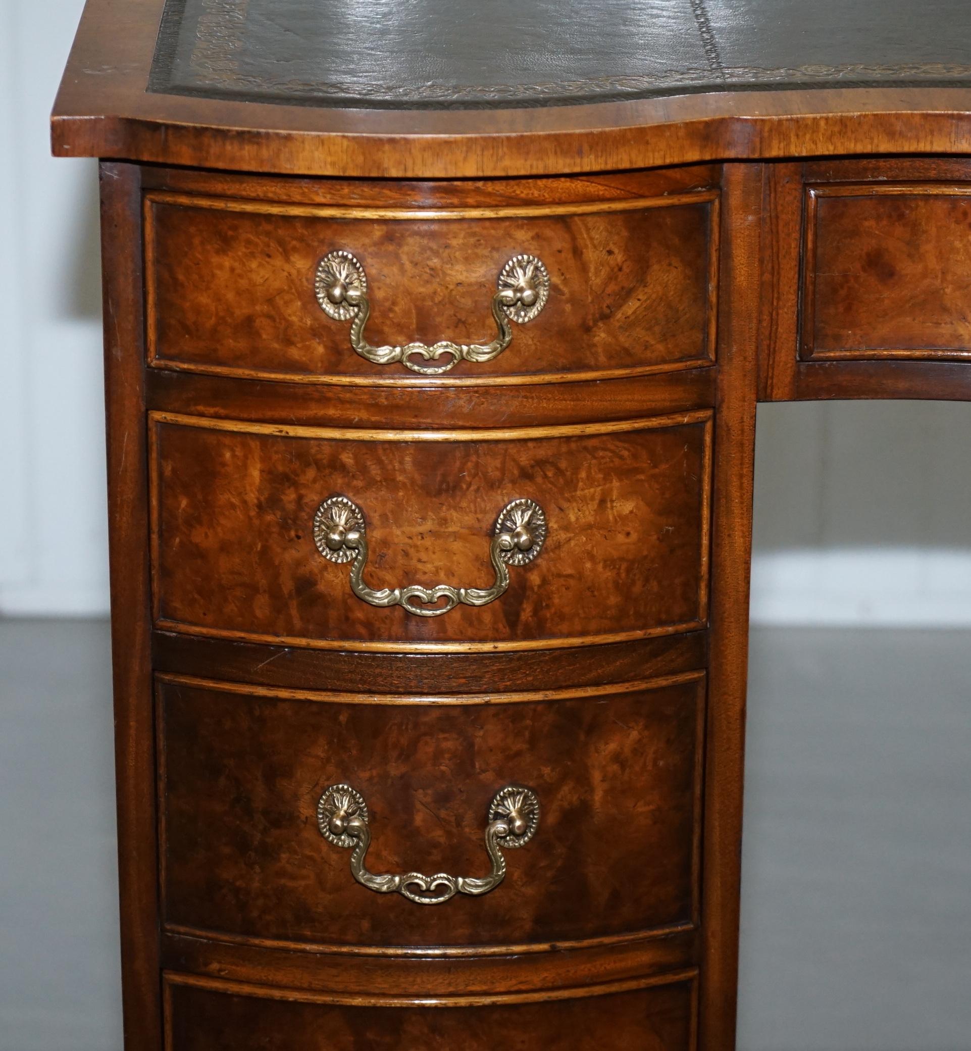 Serpentine Fronted Burr Burl Walnut Partner Knee Hole Desk Green Leather Top 1