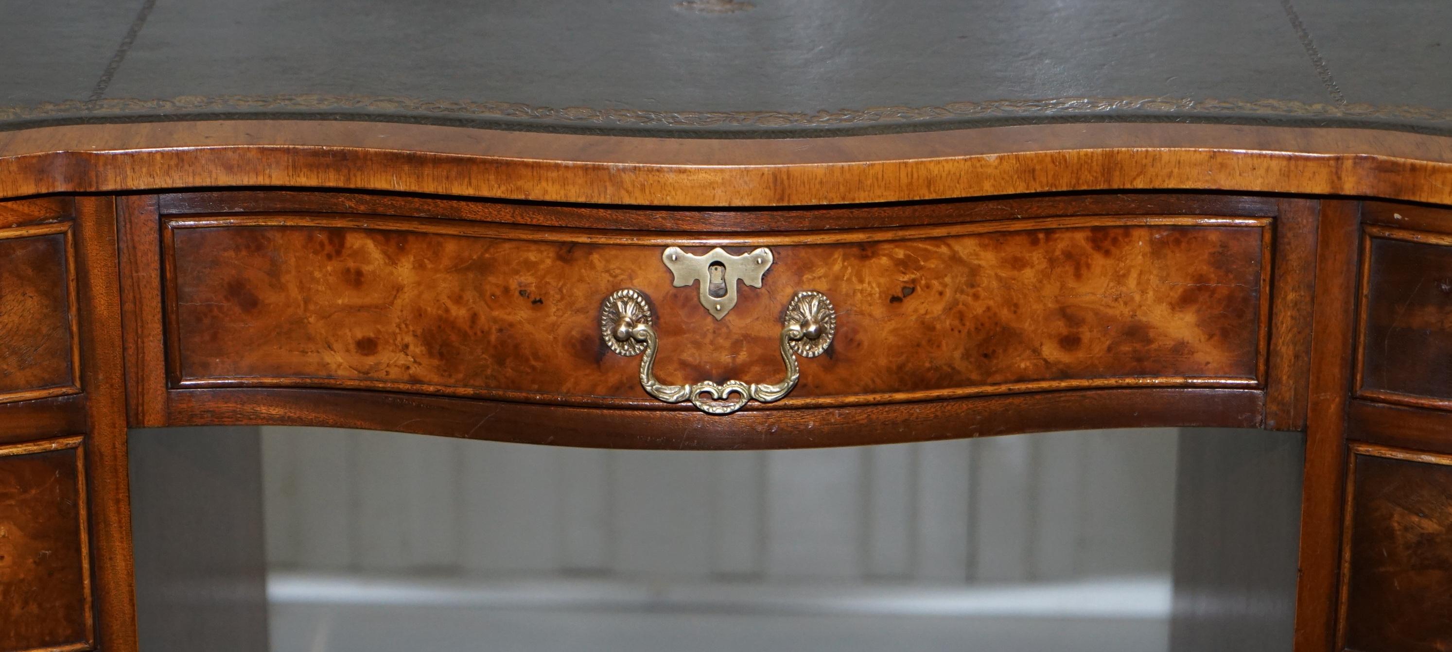 Serpentine Fronted Burr Burl Walnut Partner Knee Hole Desk Green Leather Top 2