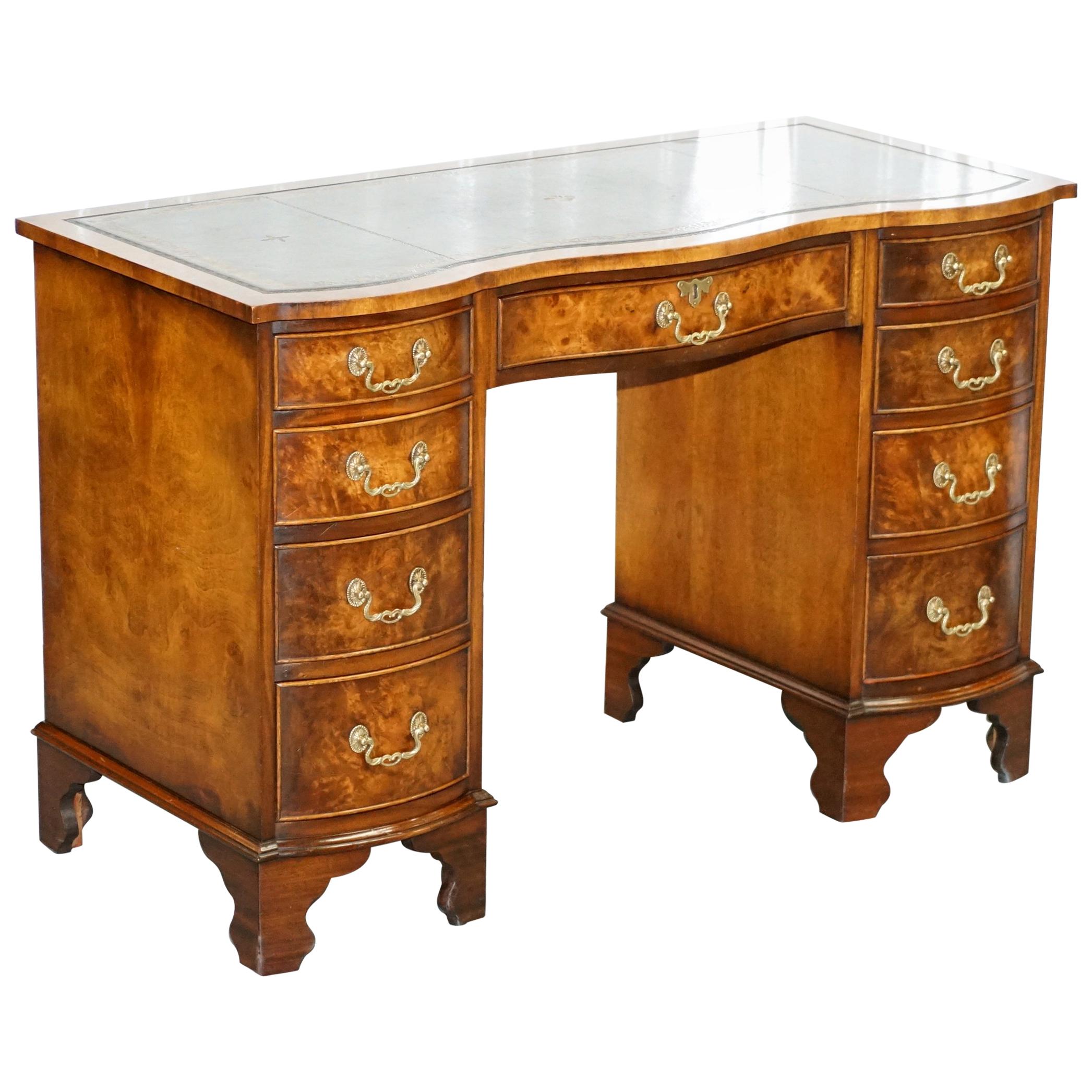 Serpentine Fronted Burr Burl Walnut Partner Knee Hole Desk Green Leather Top