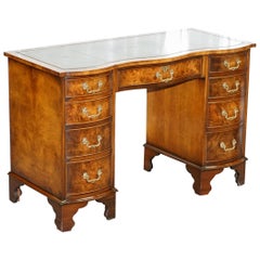 Serpentine Fronted Burr Burl Walnut Partner Knee Hole Desk Green Leather Top