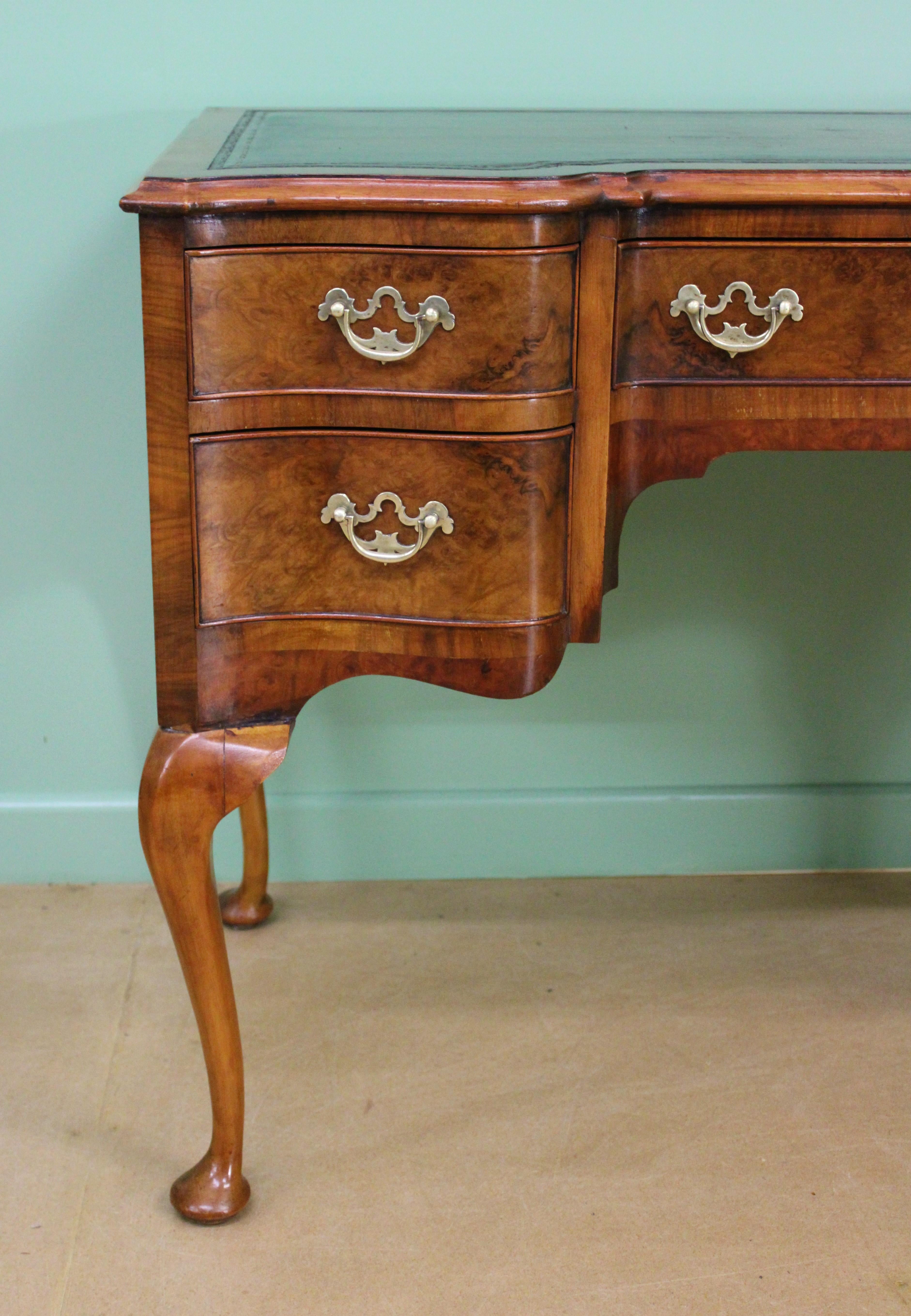 English Serpentine Fronted Burr Walnut Writing Table
