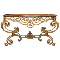 Serpentine Iron Console with Marble Top