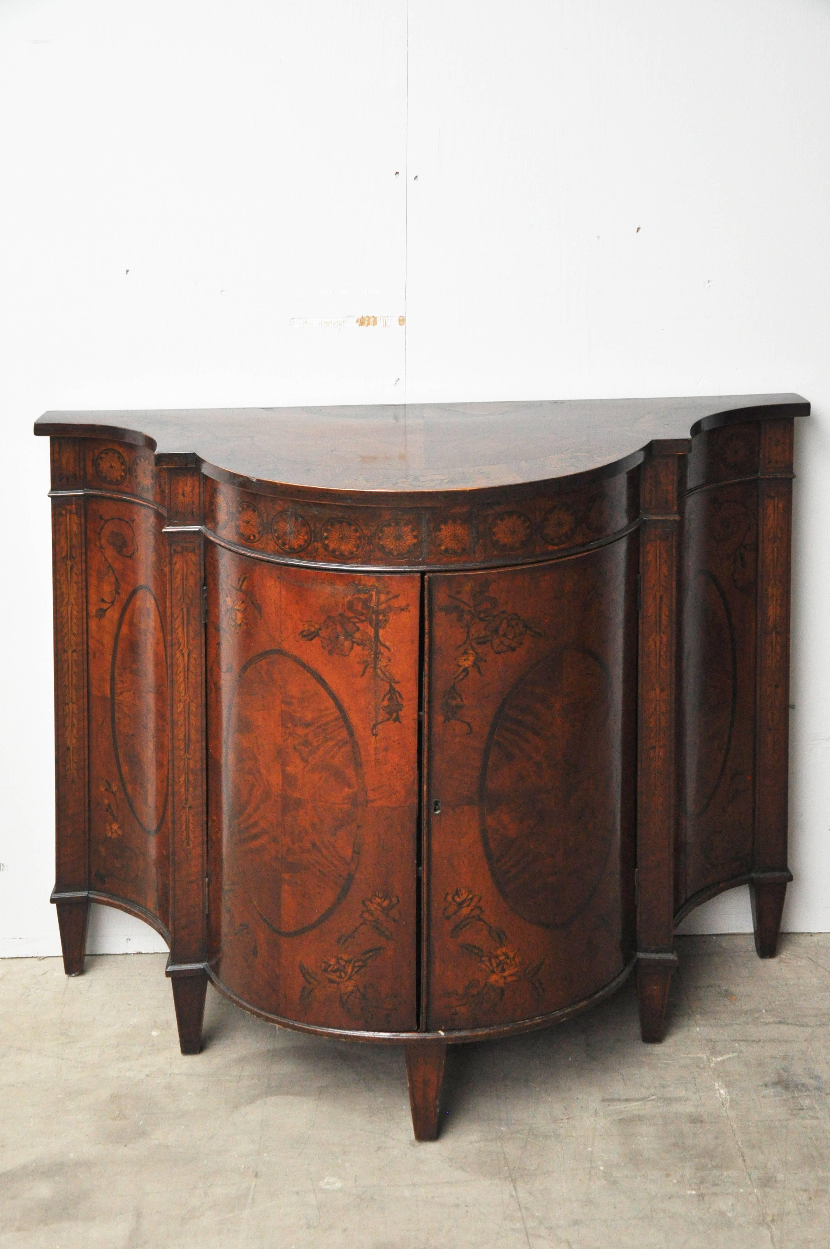 Amazing European Continental curved serpentine cabinet with lovely inlay.