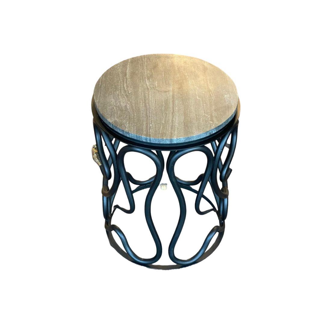 Art déco Serpentine Paul Marra Stone Side Table - Hand-Forged Iron & Brass Snake Detail en vente
