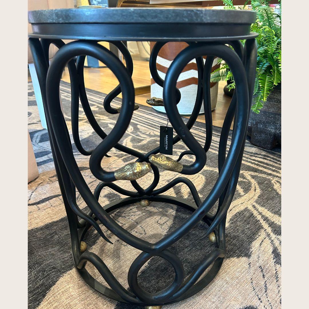 Américain Serpentine Paul Marra Stone Side Table - Hand-Forged Iron & Brass Snake Detail en vente