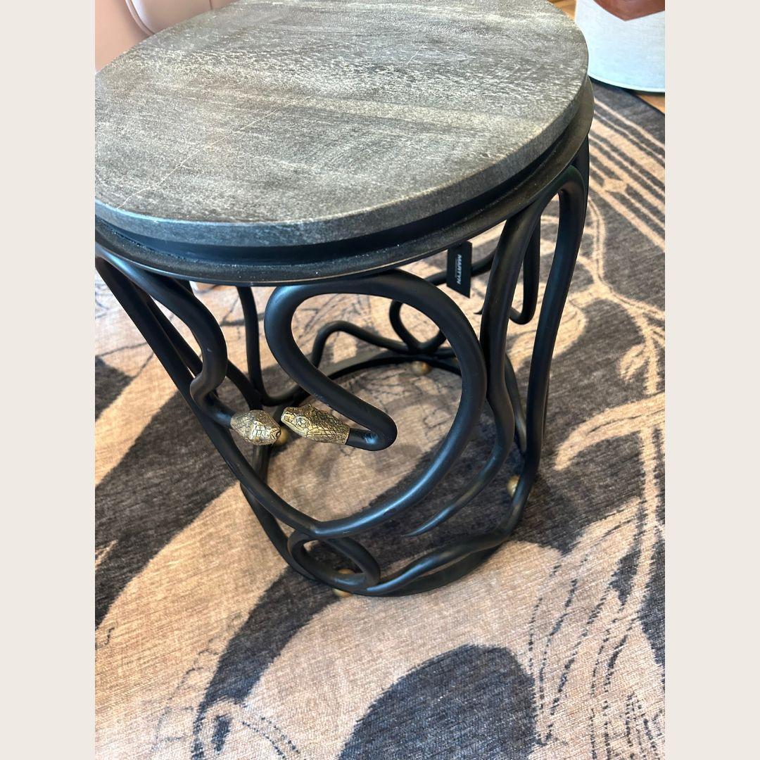 Fait main Serpentine Paul Marra Stone Side Table - Hand-Forged Iron & Brass Snake Detail en vente