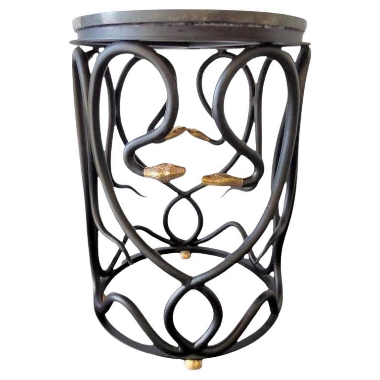 Serpentine Paul Marra Stone Side Table - Hand-Forged Iron & Brass Snake Detail