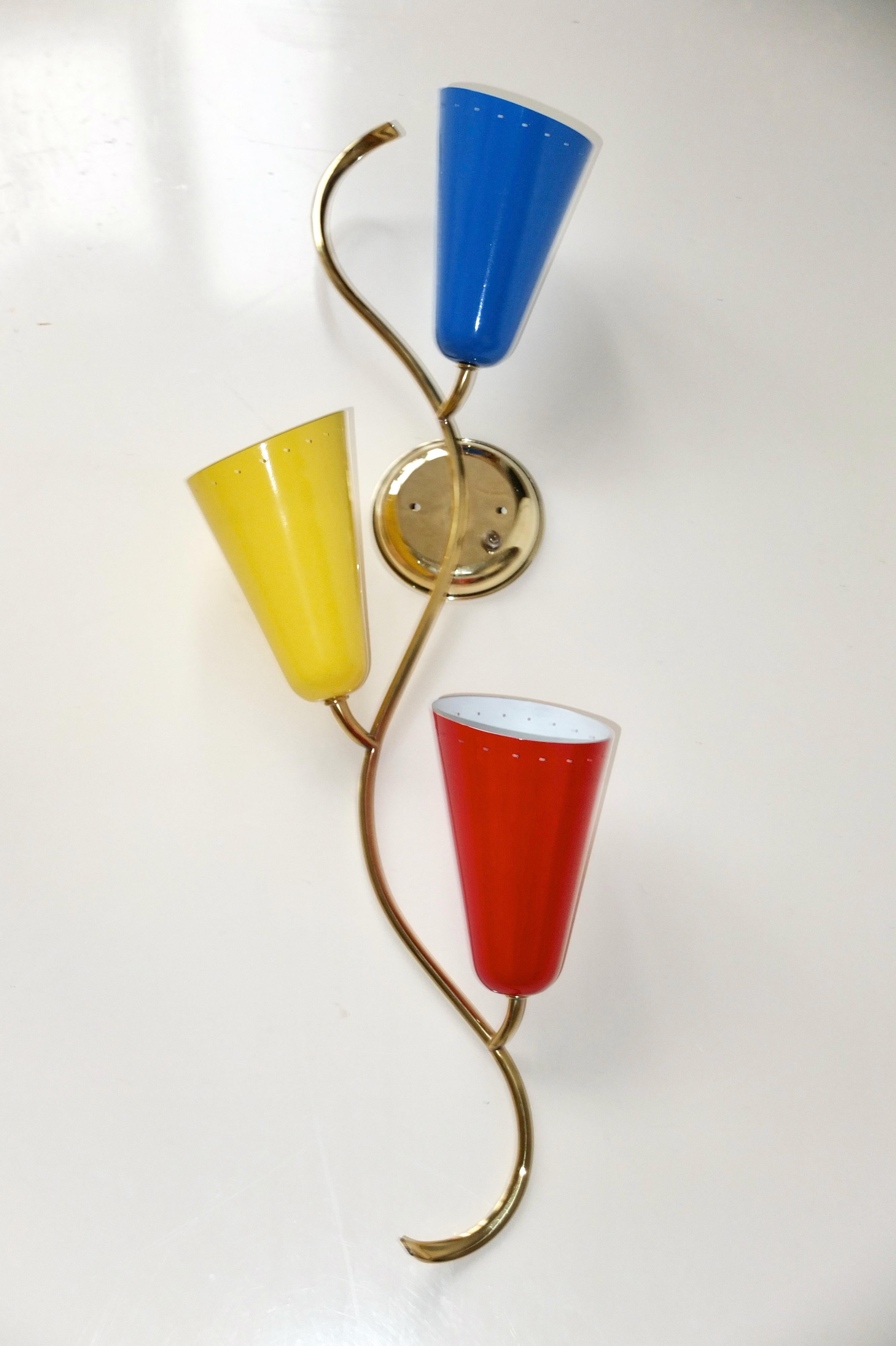 Mid-Century Modern Serpentine Sconces Brass with Three Enameled Aluminum Cones For Sale