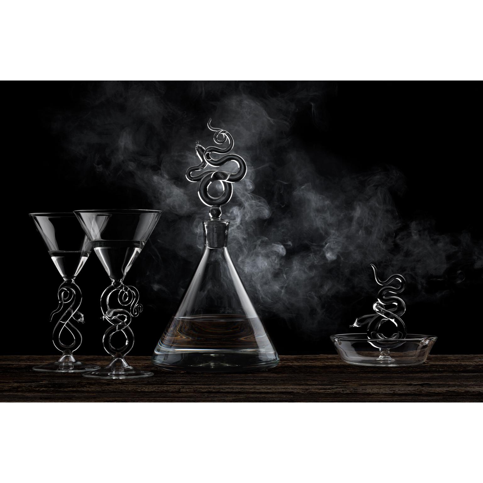 'Contemporary Serpentine Hand Blown Glass Liquor Decanter, Glasses and Astray Set