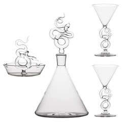 Contemporary Serpentine Hand Blown Glass Liquor Decanter, Glasses and Astray Set