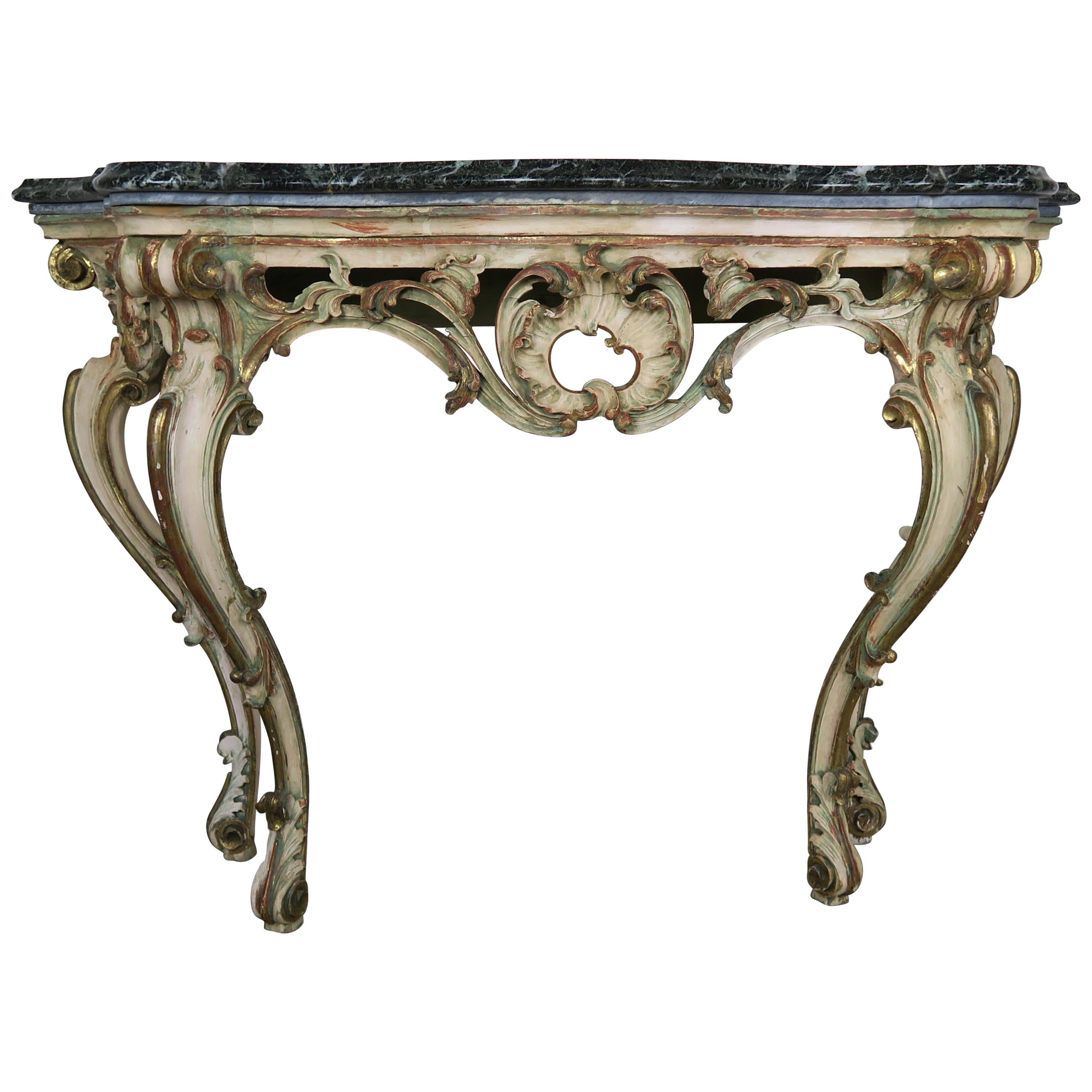 Serpentine Shaped Painted and Parcel-Gilt Console with Marble Top, circa 1930 For Sale