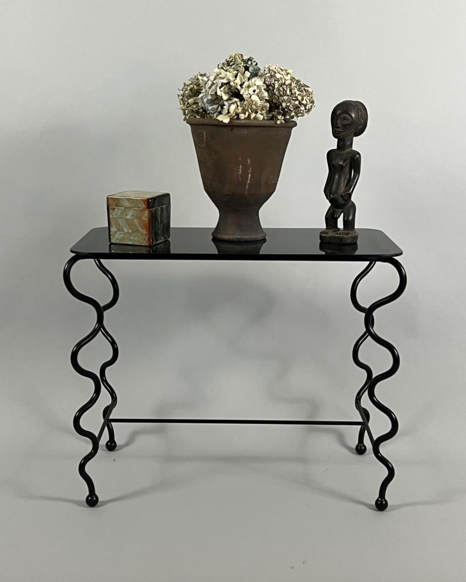 Welded 'Serpentine' Side Table with Black Glass Top For Sale