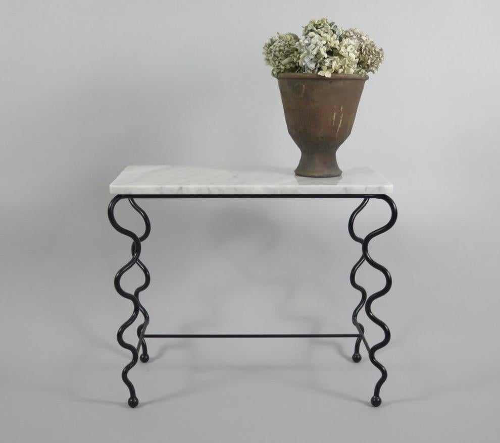 Glass 'Serpentine' Side Table with Carrara Marble Top For Sale