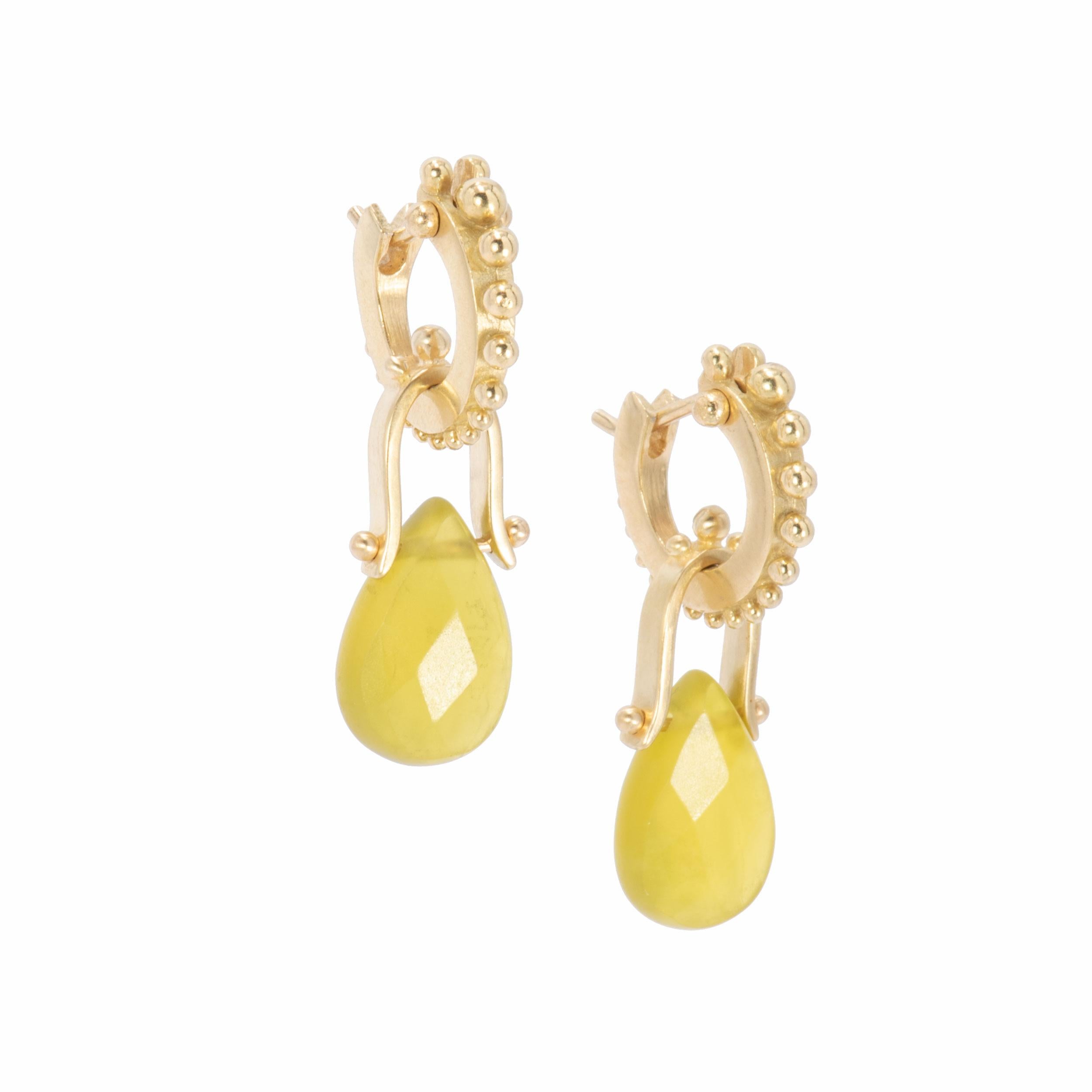 Deep chartreuse and grapefruit highlights make Serpentine Teardrop Oblio Drop Earrings look like candy. Hung from our Oblio hinged findings, serpentine teardrop oblio earrings are suspended on our 18k gold narrow beaded hoops which click tightly