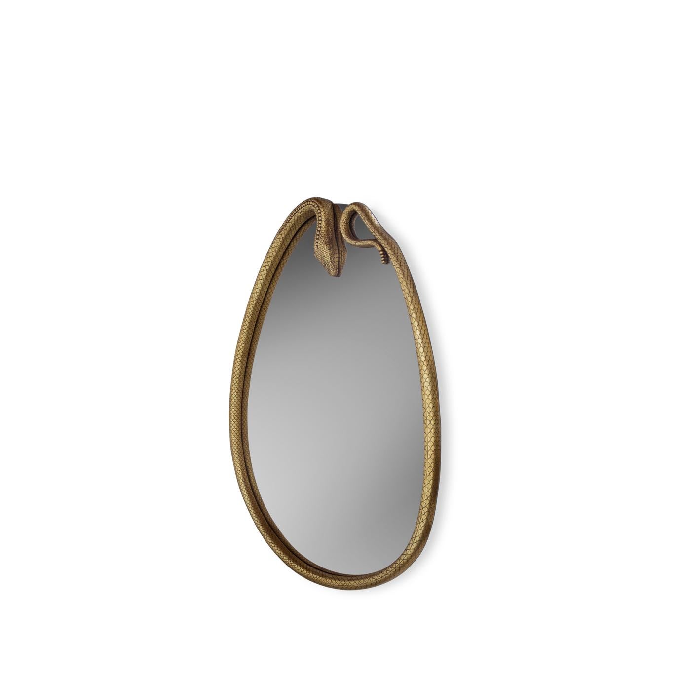 Be transformed as you gaze into the Serpentine's pear-shaped mirror. Framed in a coiled serpent form made of hand-carved wood, this mirror is the perfect way to add a touch of exoticism to any interior setting.