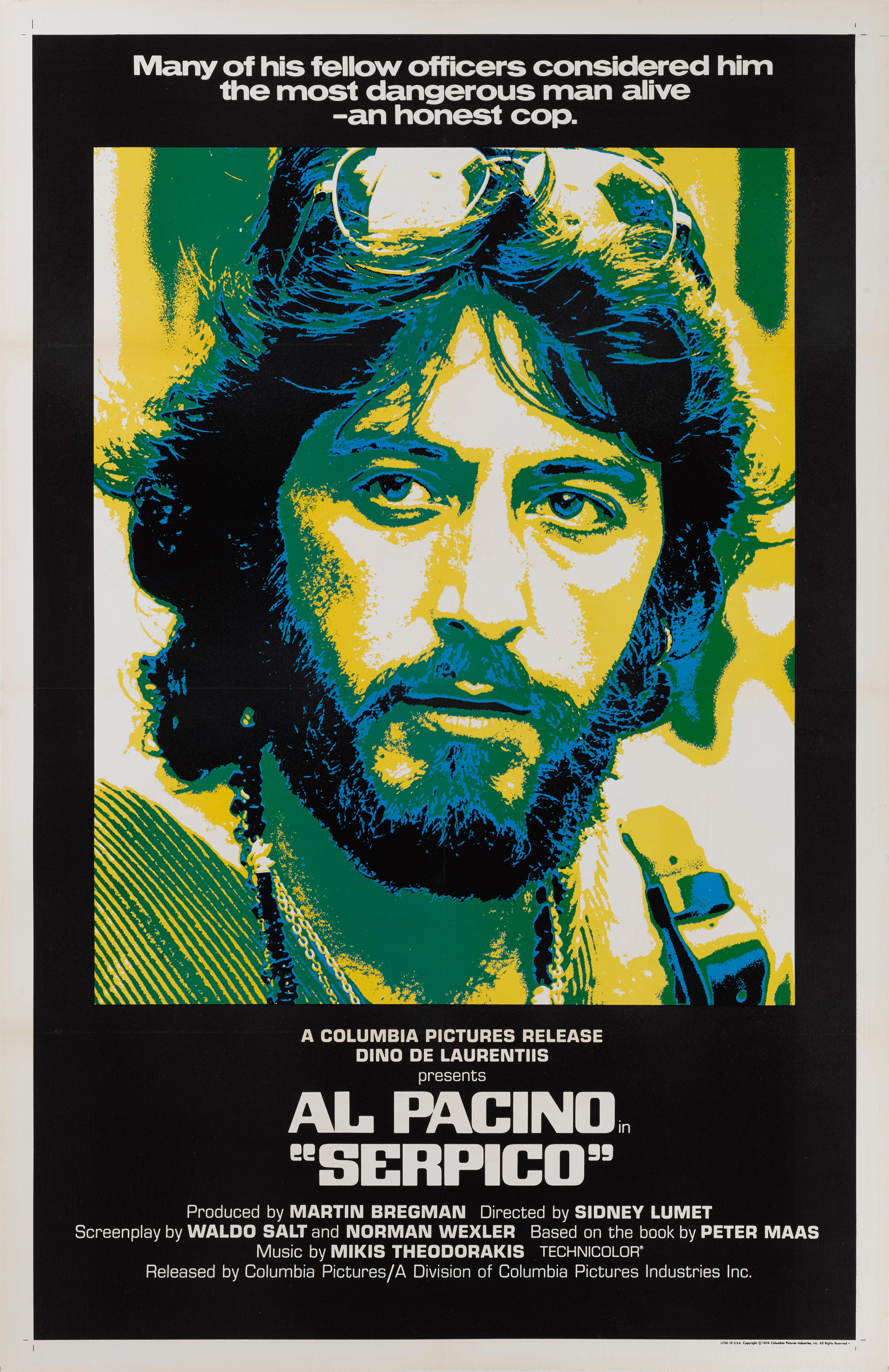 Original US film poster for Serpico (1973).
Serpico biographical-crime film directed by Sidney Lumet and starring Al Pacino.
Pacino was nominated for Best Actor Academy Award and Sidney Lumet was nominated for Best Director.
Pacino won Best Actor