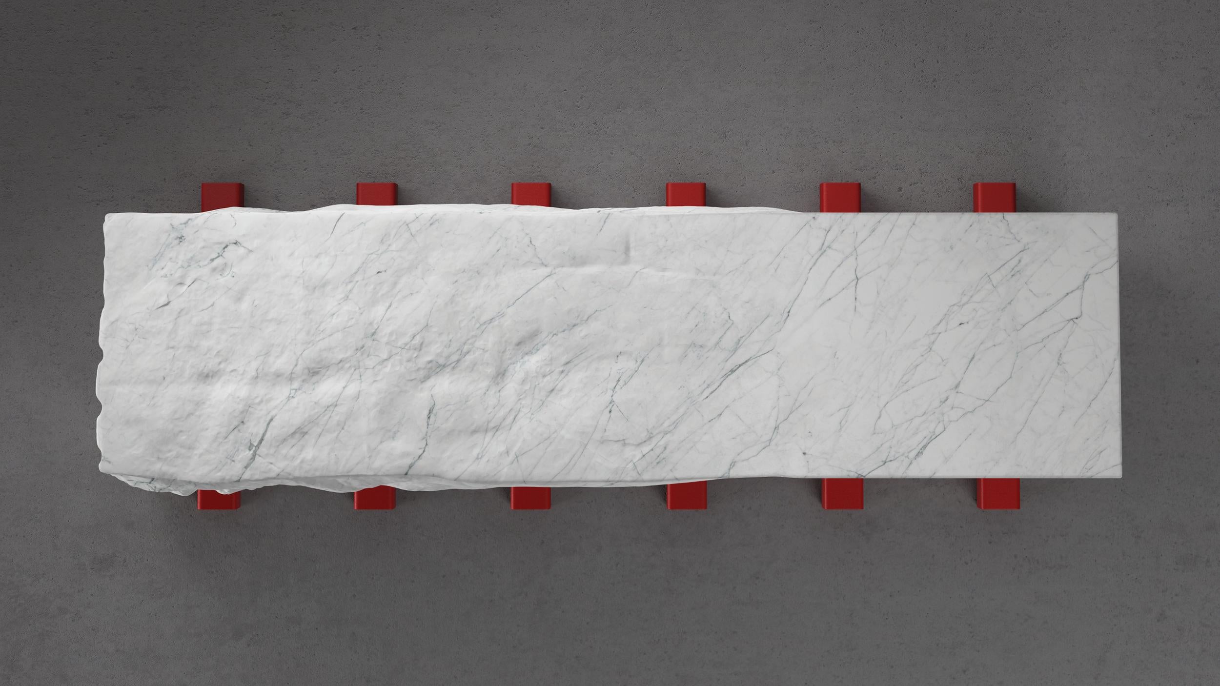 Serra Pelada Bench by Arthur Vallin
Limited 12 + 2 A/P
Dimensions: W 60 x D 20.5 x H 16.5 inch
Materials: Statuario Marble, Steel, Brass
Finishing: Hand sculpted Marble, Epoxy Painted Steel, Textured Brass

Other materials available.

French