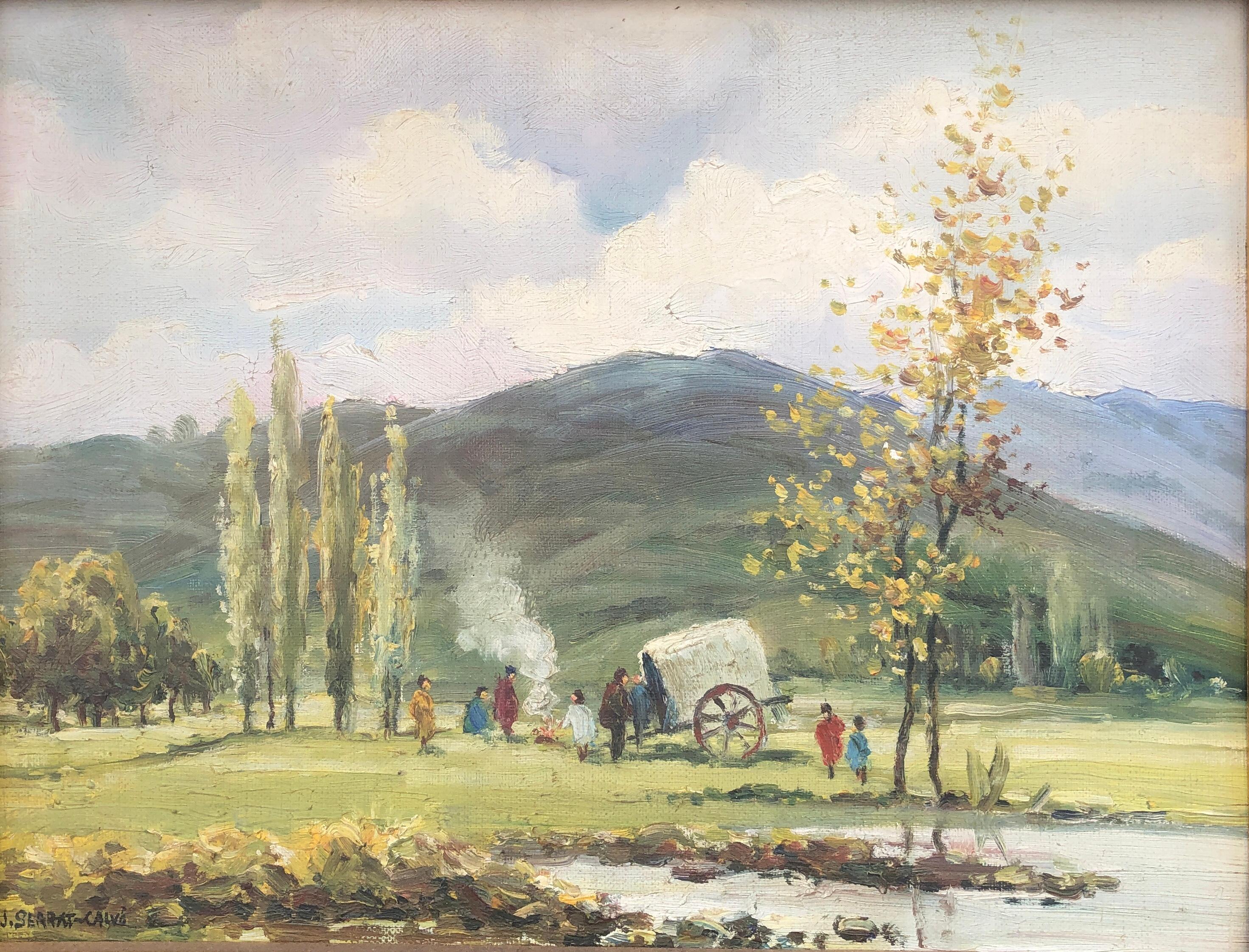 Serrat Calvo Landscape Painting - Gypsies in the river oil on canvas painting spanish landscape 