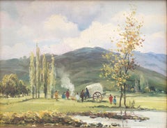 Vintage Gypsies in the river oil on canvas painting spanish landscape 