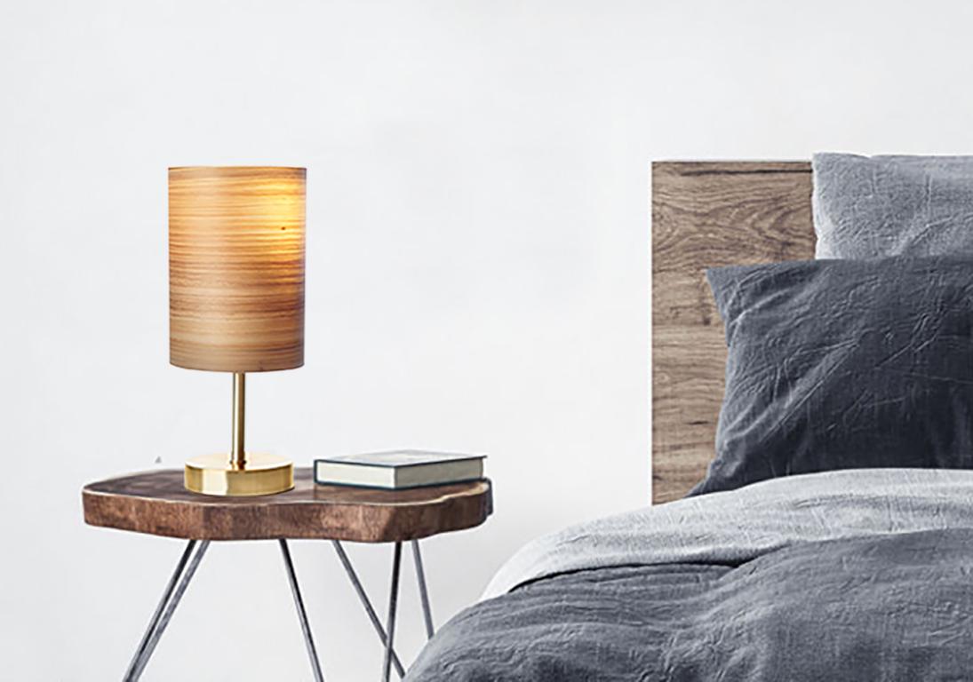 American Mid-Century Modern Cypress Wood Veneer Table Lamp with Brushed Brass 