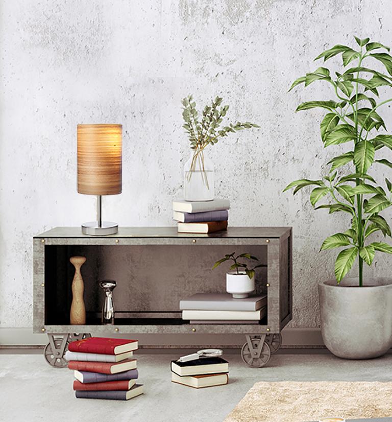 SERRET Brushed Satin Nickle Table Lamp with Cypress Wood Shade For Sale