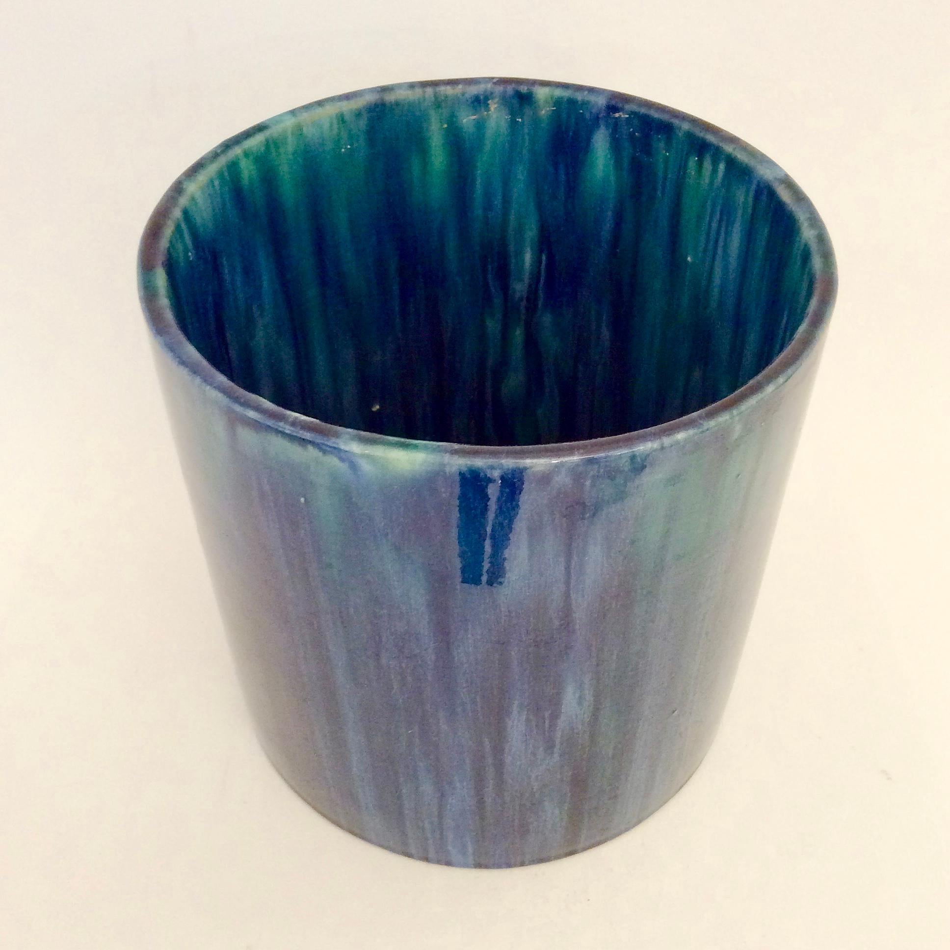 Art Nouveau Serrurier-Bovy Blue Enameled Earthenware Cylinder Vase, 1905, Belgium For Sale