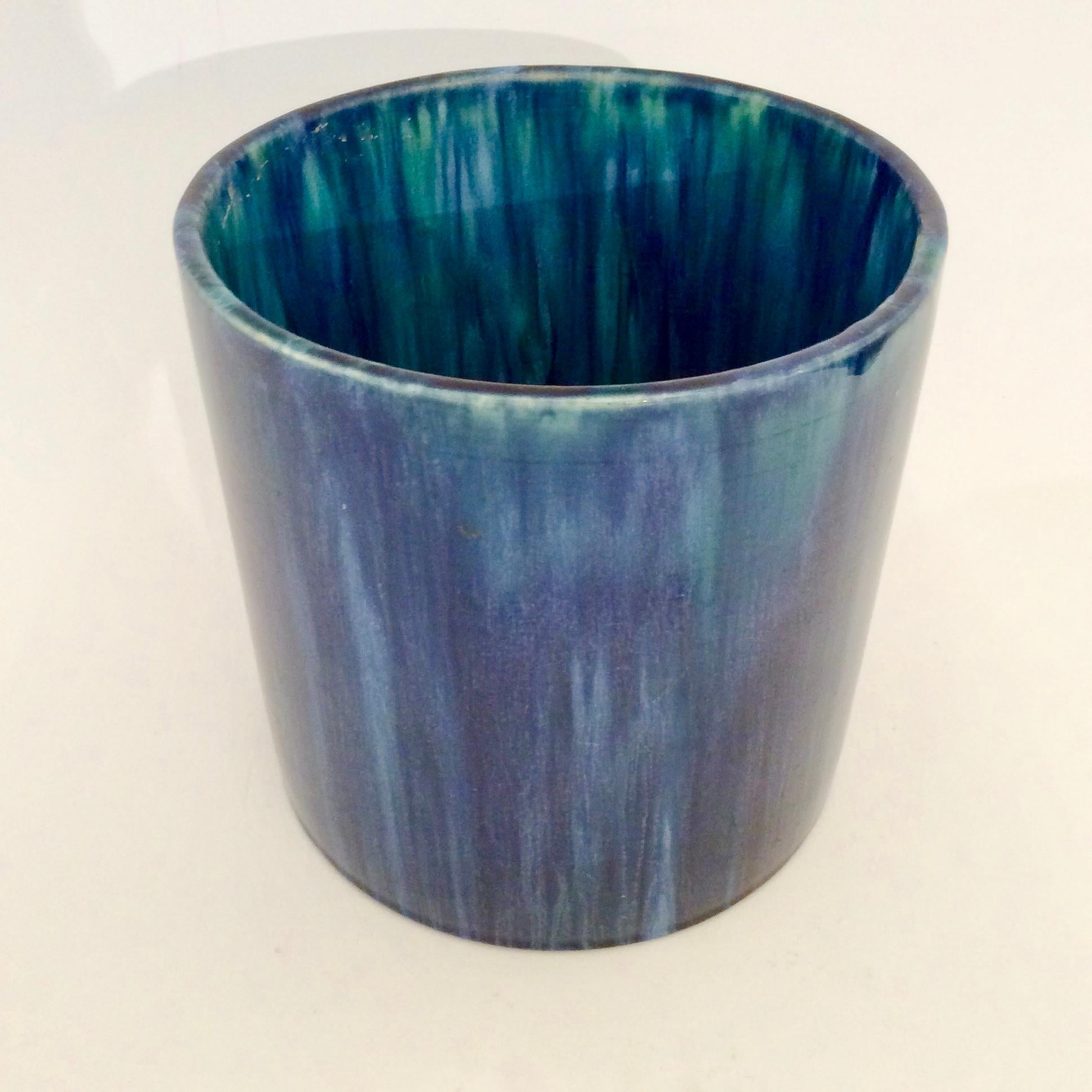 Belgian Serrurier-Bovy Blue Enameled Earthenware Cylinder Vase, 1905, Belgium For Sale