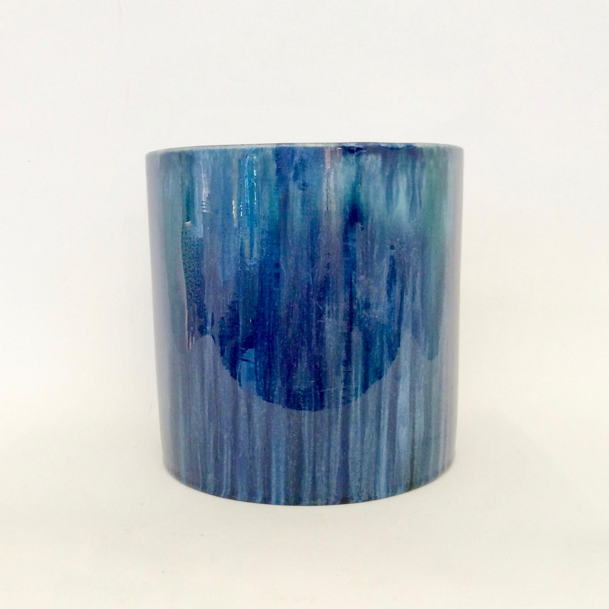 Ceramic Serrurier-Bovy Blue Enameled Earthenware Cylinder Vase, 1905, Belgium For Sale