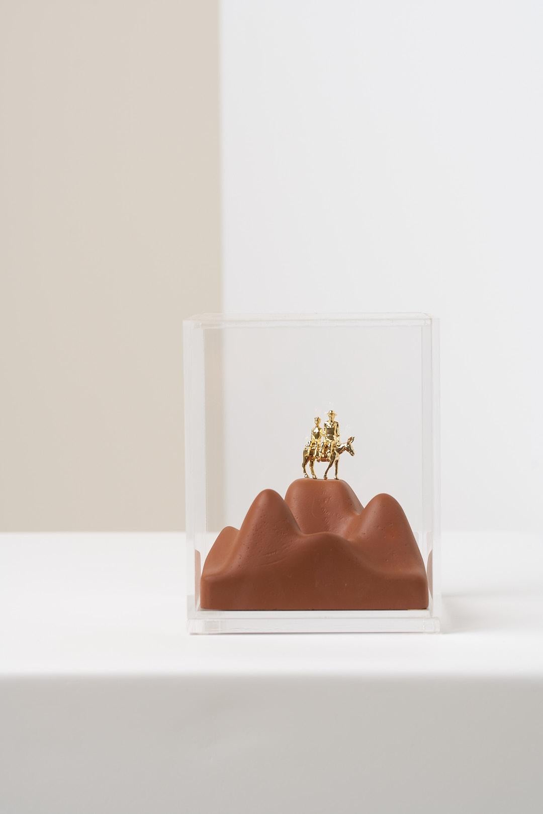 Contemporary Sertão Series, Wood and Brass Family on Donkey Sculpture in Acrylic Box For Sale