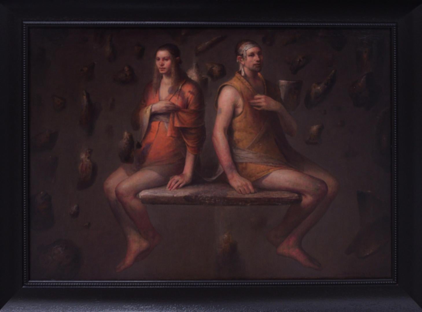 Sertap Yegin Figurative Painting – Obscurity - Figuratives Ölgemälde in den Farben Braun Rot Orange Schwarz Blase