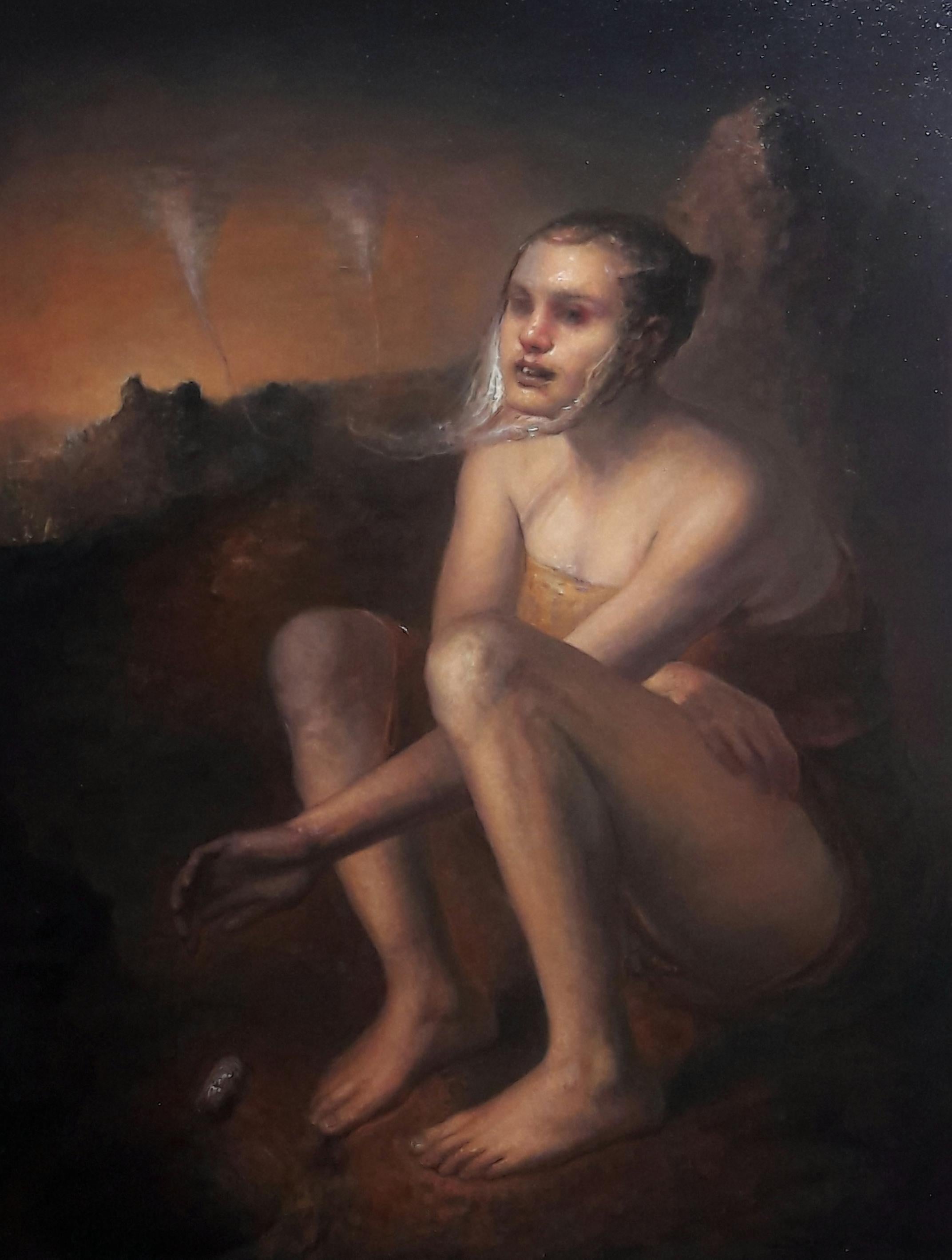 Sertap Yegin Figurative Painting – She war eine Frau – figuratives Ölgemälde in den Farben Braun, Rot, Orange, Schwarz und Blase