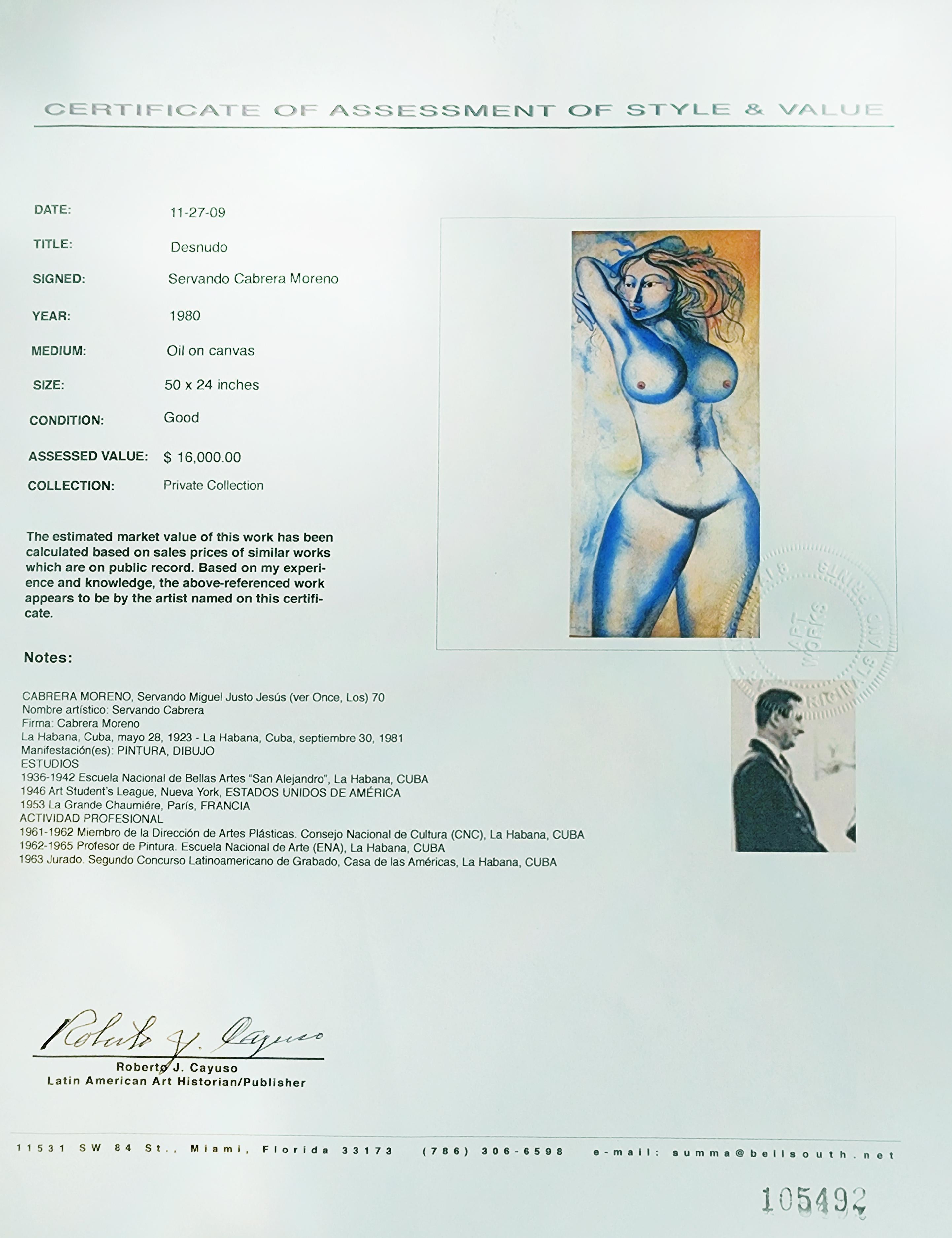 Servando Cabrera Moreno Cuban Painting Untitled, Desnudo COA signed, dated 1980 For Sale 5