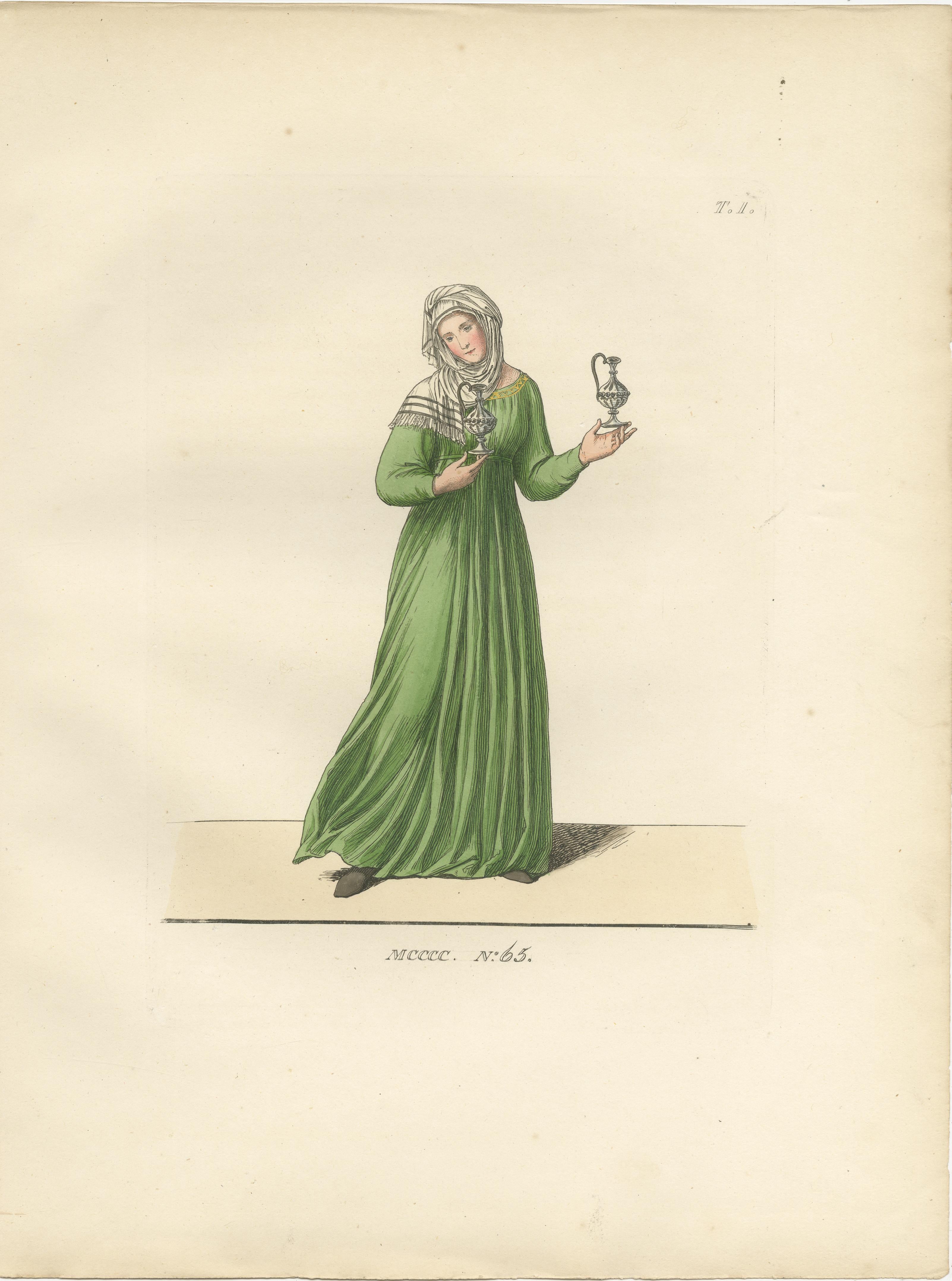  Servant, Dominican Nun, and Young Lady in Traditional Italian Dress


This harmonious trio of hand-colored costume prints presents three women from different walks of life in late medieval or early Renaissance Italy. Captured with grace and fine