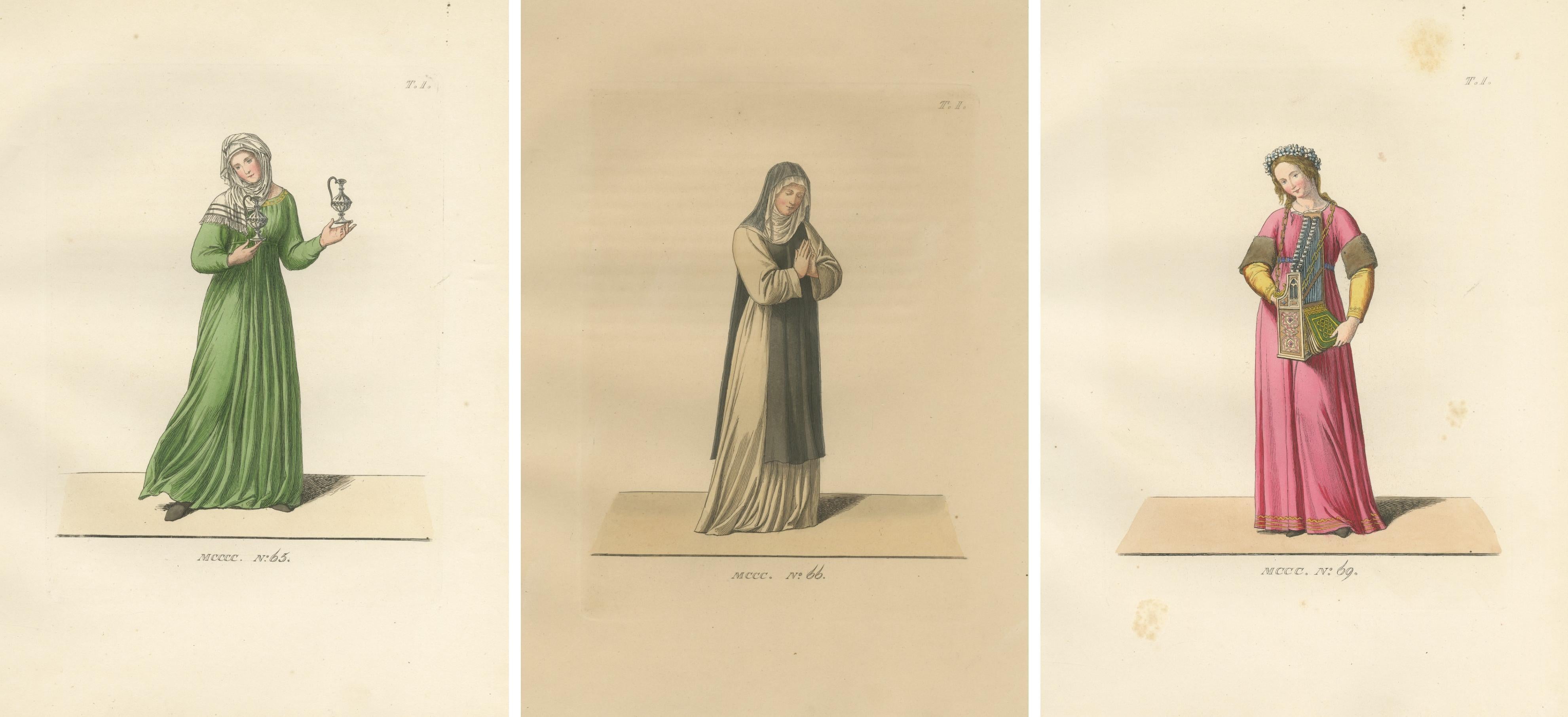 Servant, Dominican Nun and Young Lady in Traditional Italian Dress - 1845 Print For Sale 2