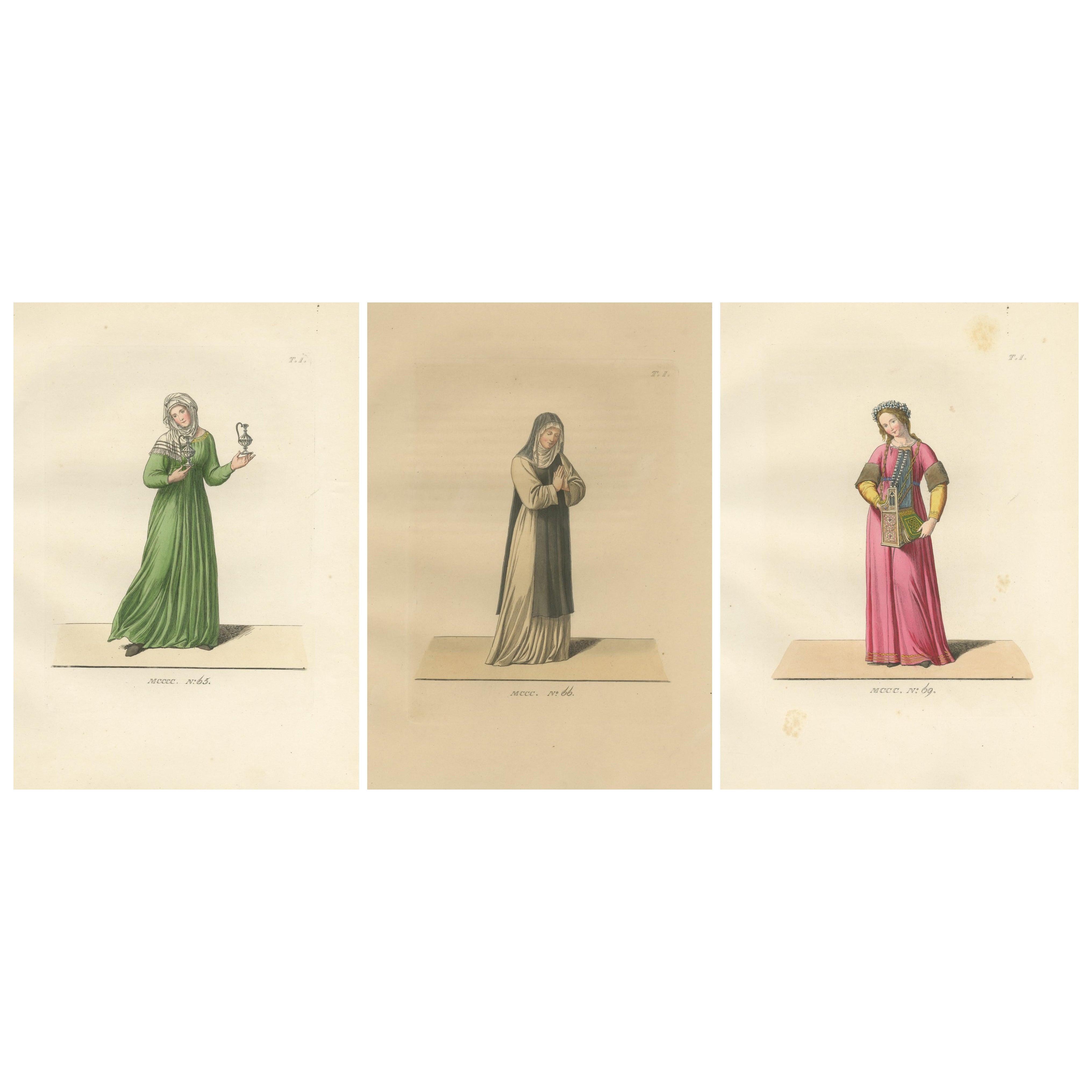 Servant, Dominican Nun and Young Lady in Traditional Italian Dress - 1845 Print For Sale
