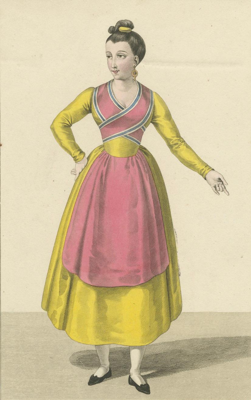 Diener aus Salamanca - Handkolorierter Kupferstich, um 1820

Dieser lebhafte handkolorierte Stich mit dem Titel Servante de Salamanque (Dienerin aus Salamanca) ist Tafel Nr. 70 aus der berühmten französischen Serie Costumes de divers Pays, die um