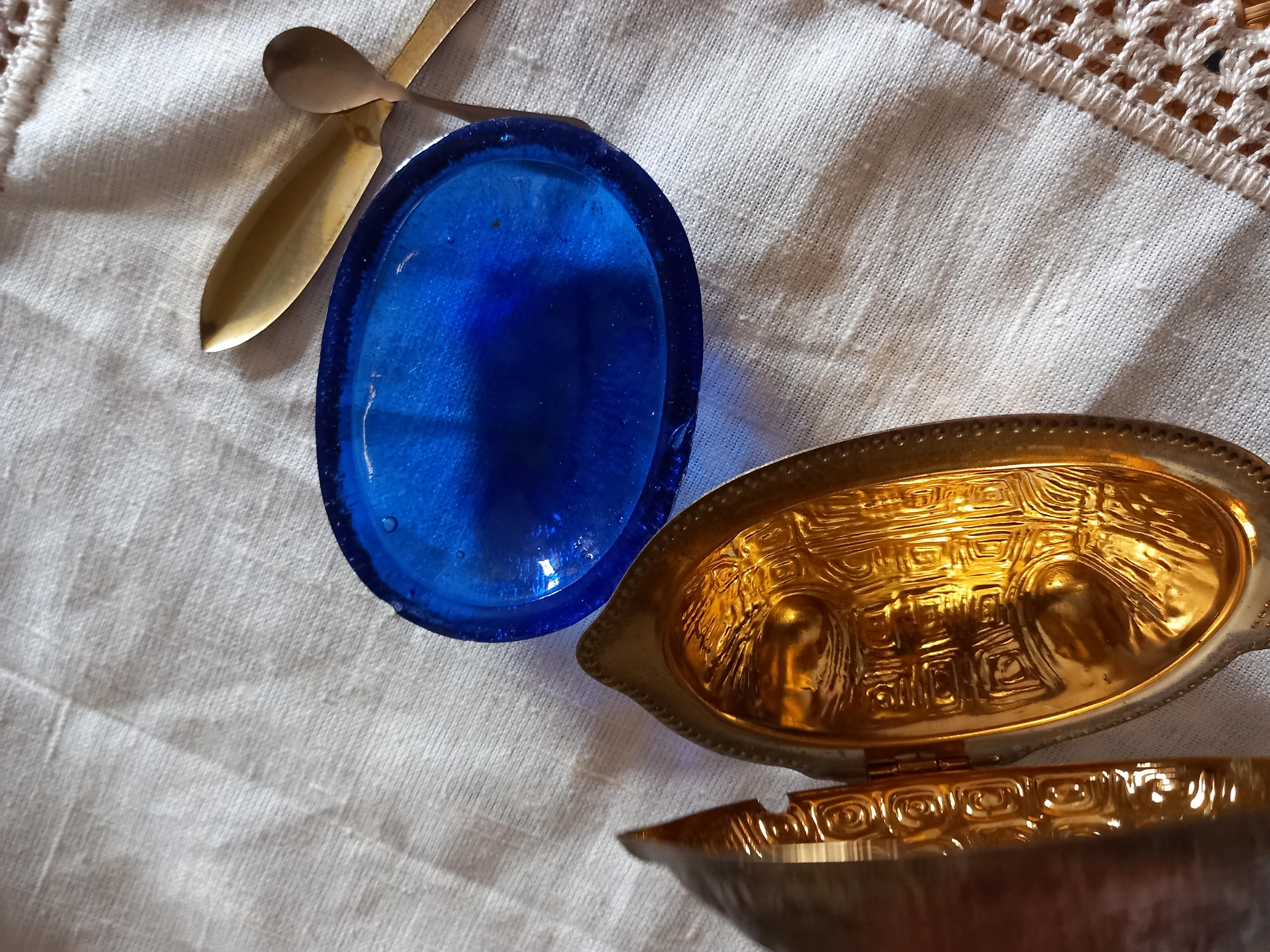 Serve Caviar in The Shape of a Brass Turtle and Blue Murano Glass Vintage. Italy 1