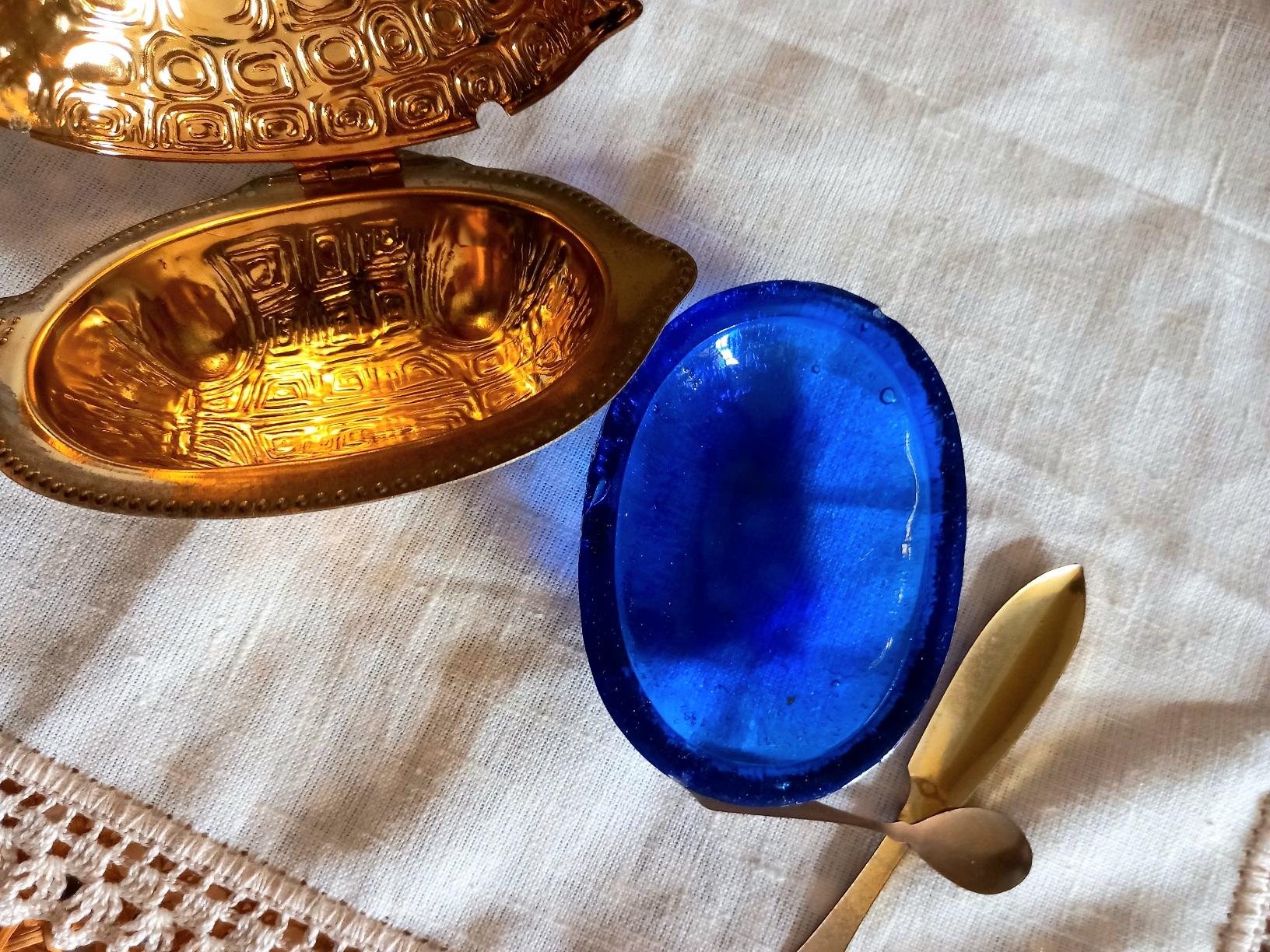 Serve Caviar in The Shape of a Brass Turtle and Blue Murano Glass Vintage. Italy 2
