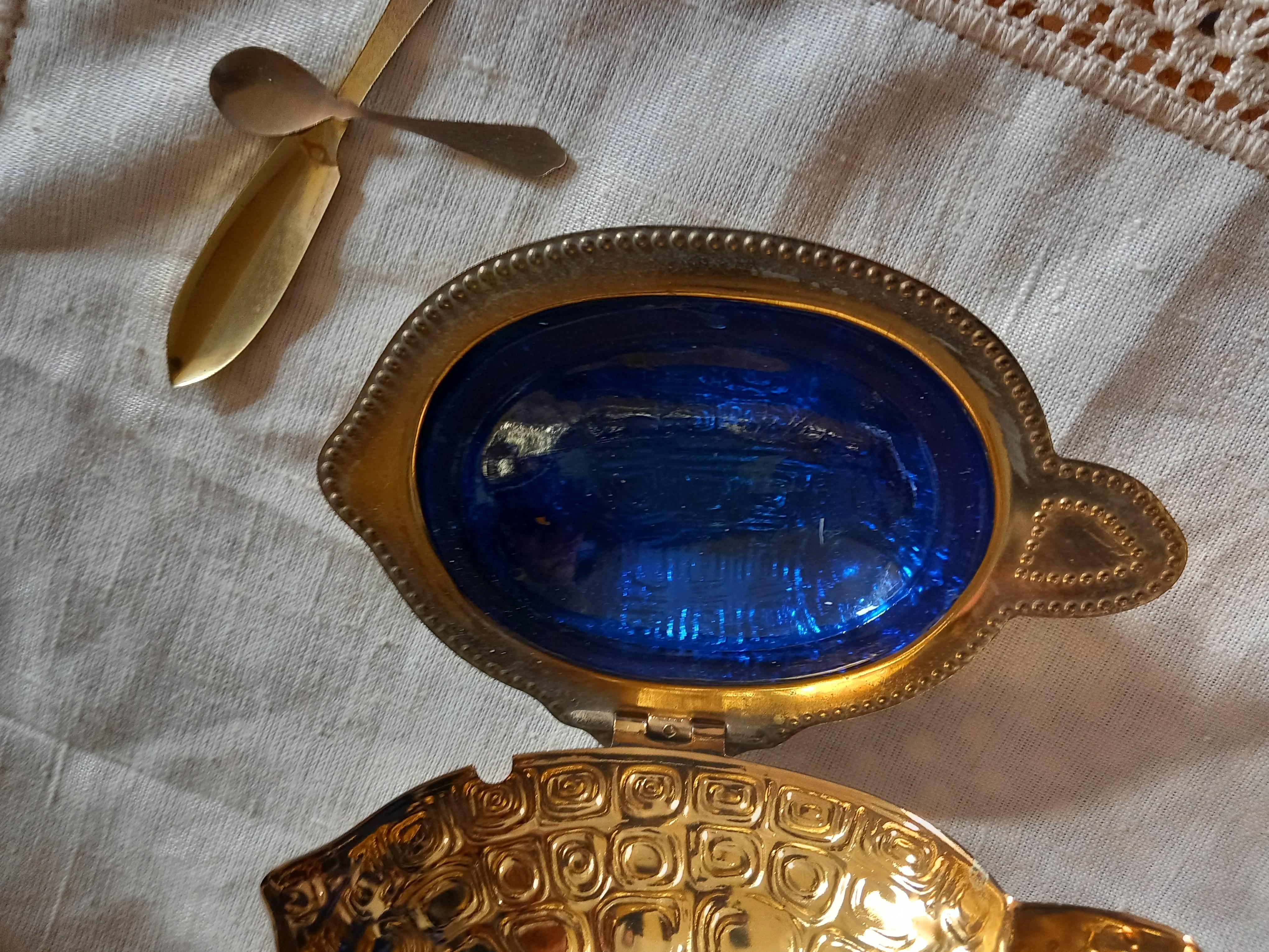 Serve Caviar in The Shape of a Brass Turtle and Blue Murano Glass Vintage. Italy 3