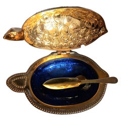 Serve Caviar in The Shape of a Brass Turtle and Blue Murano Glass Vintage. Italy