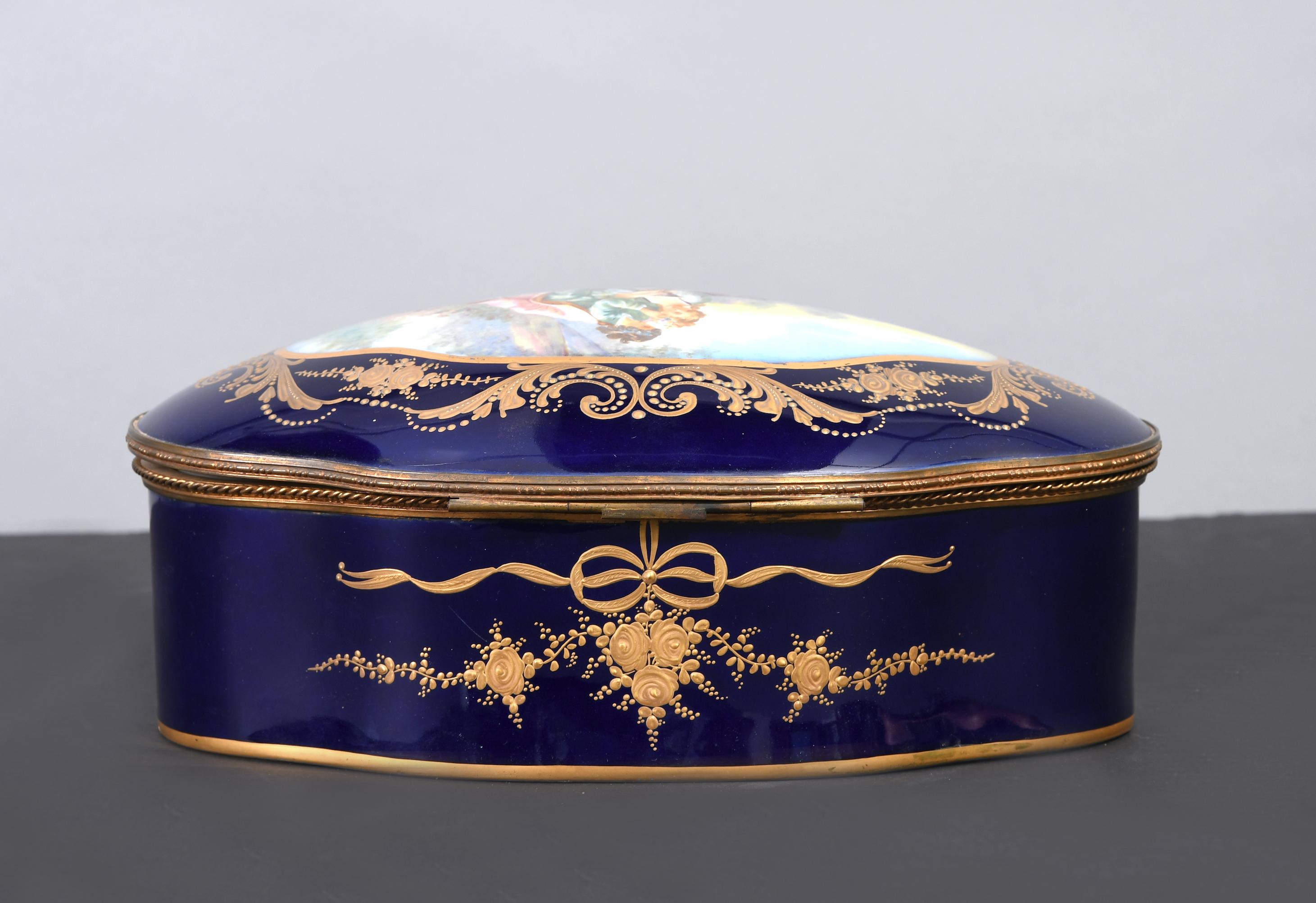 French Sevres Style Serpentine Oval Shaped Porcelain Vanity Box
