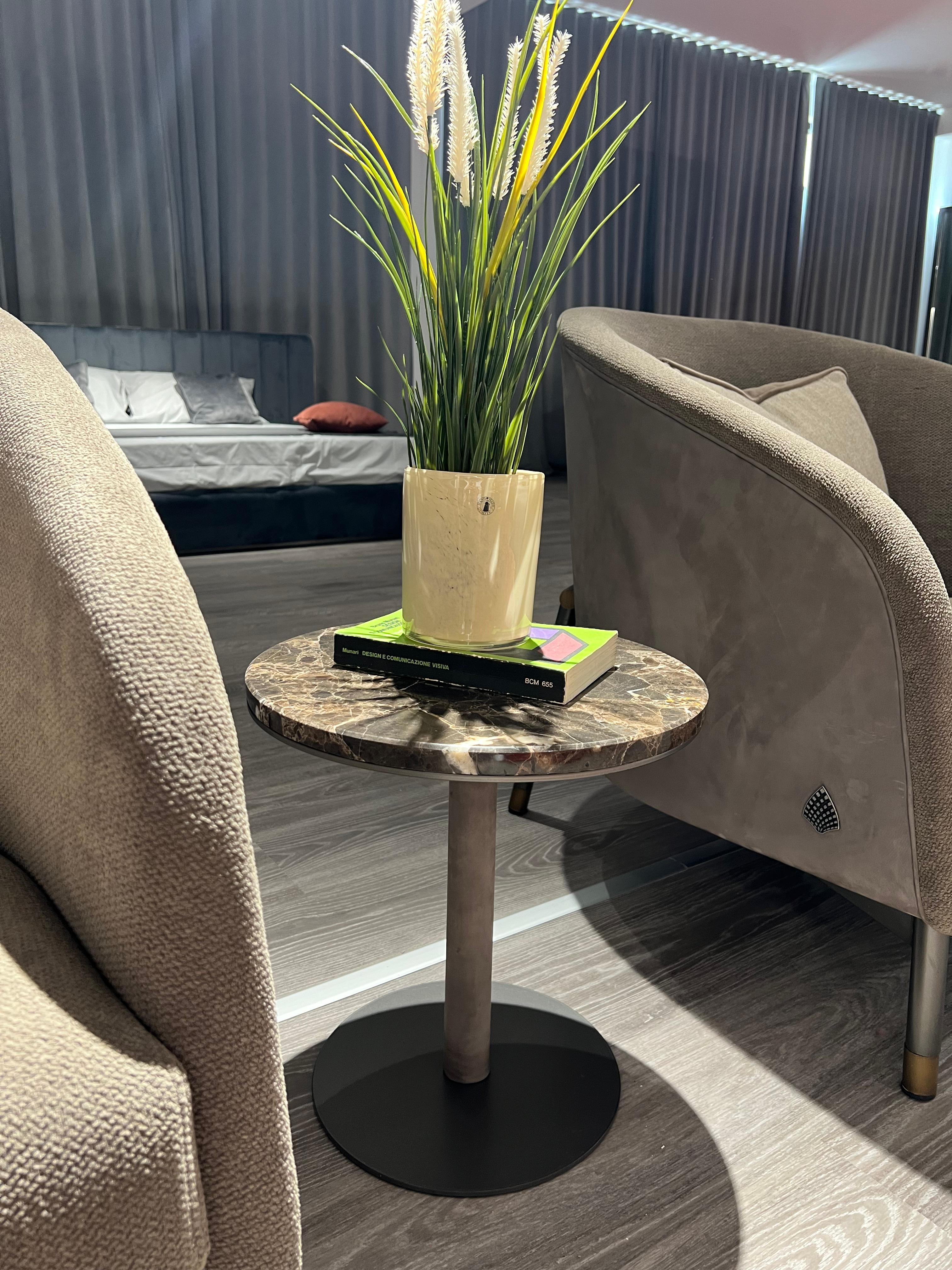 Modern Daniel servetto, marble top, leather-covered leg, metal base For Sale