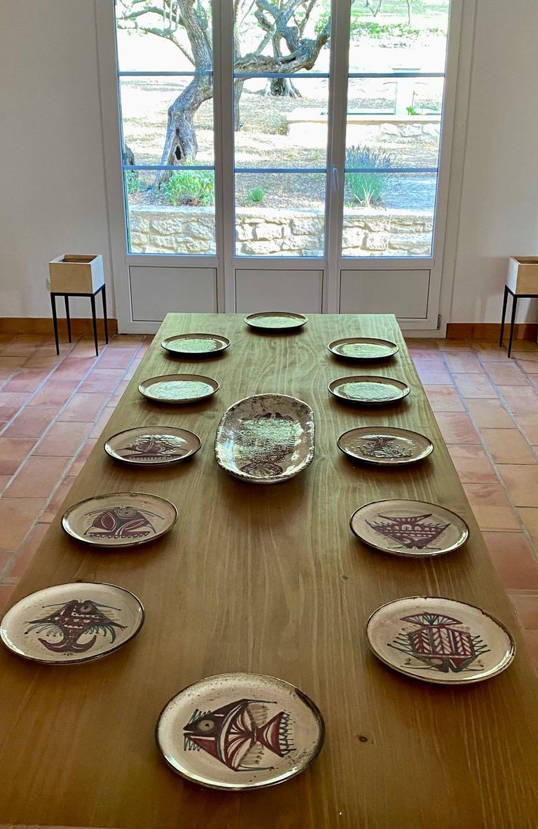 Serveware of 13 Ceramic Pieces "Fishes" by Atelier Le Murier Vallauris 1960's For Sale at 1stDibs