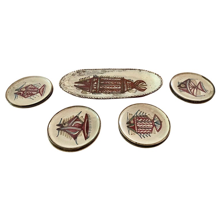 Serveware of 13 Ceramic Pieces "Fishes" by Atelier Le Murier Vallauris