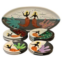 Serveware of 16 Ceramic Pieces "Mermaid" by Atelier Cerenne Vallauris 1960's