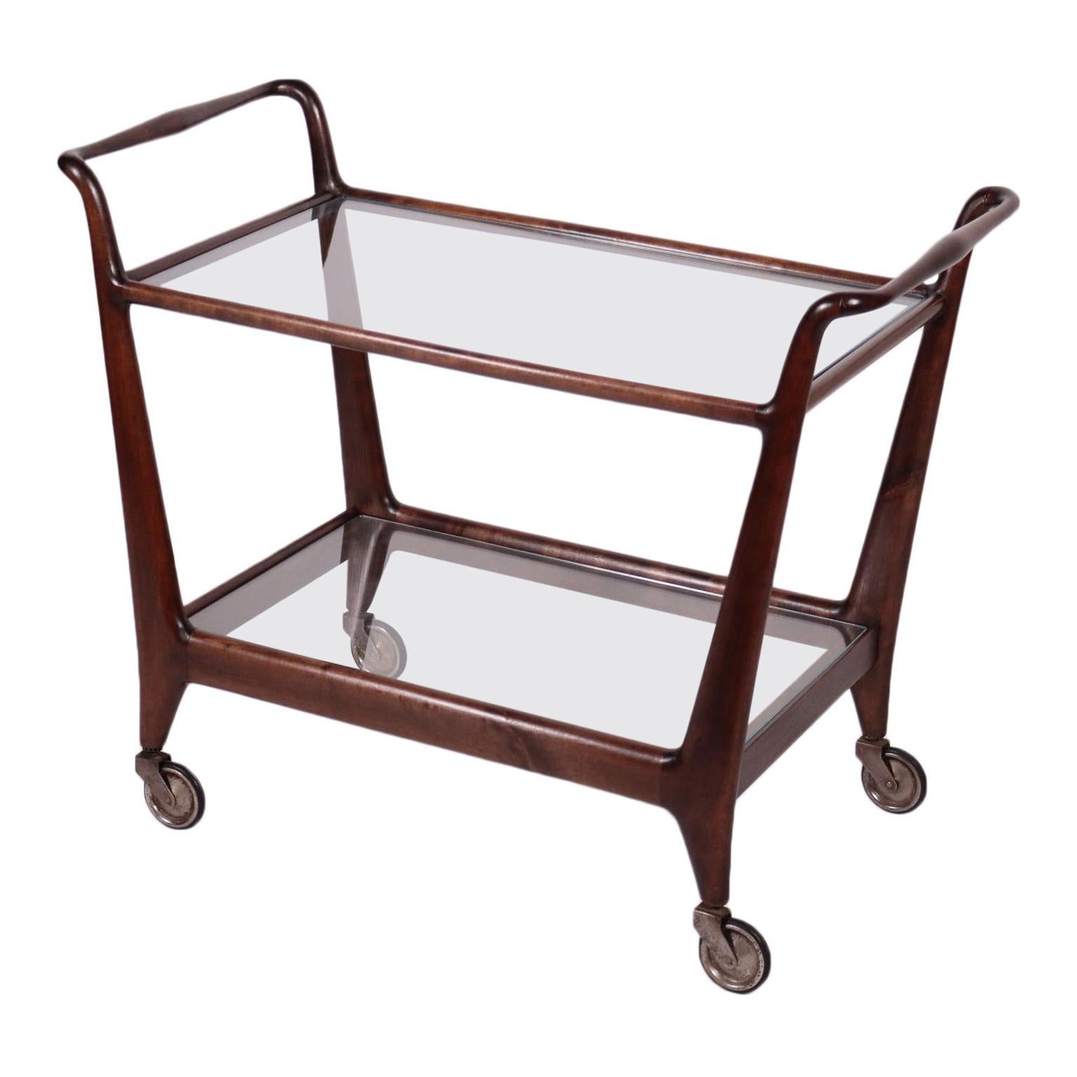 Service Cart Walnut Stained Beech Glass, Italy, 1950s