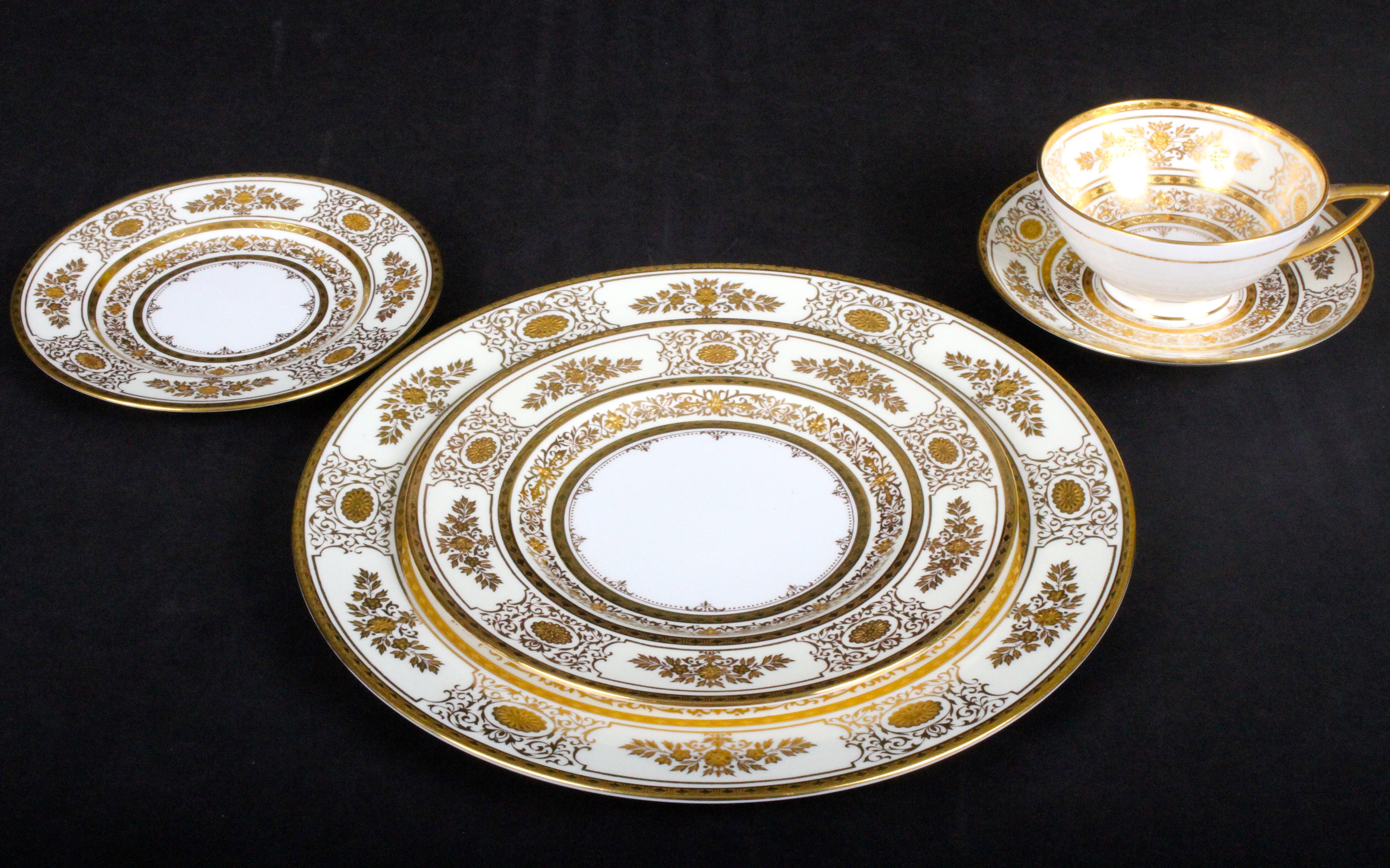 Neoclassical Service for 12 of Minton for Tiffany Ivory Gilded Plates For Sale